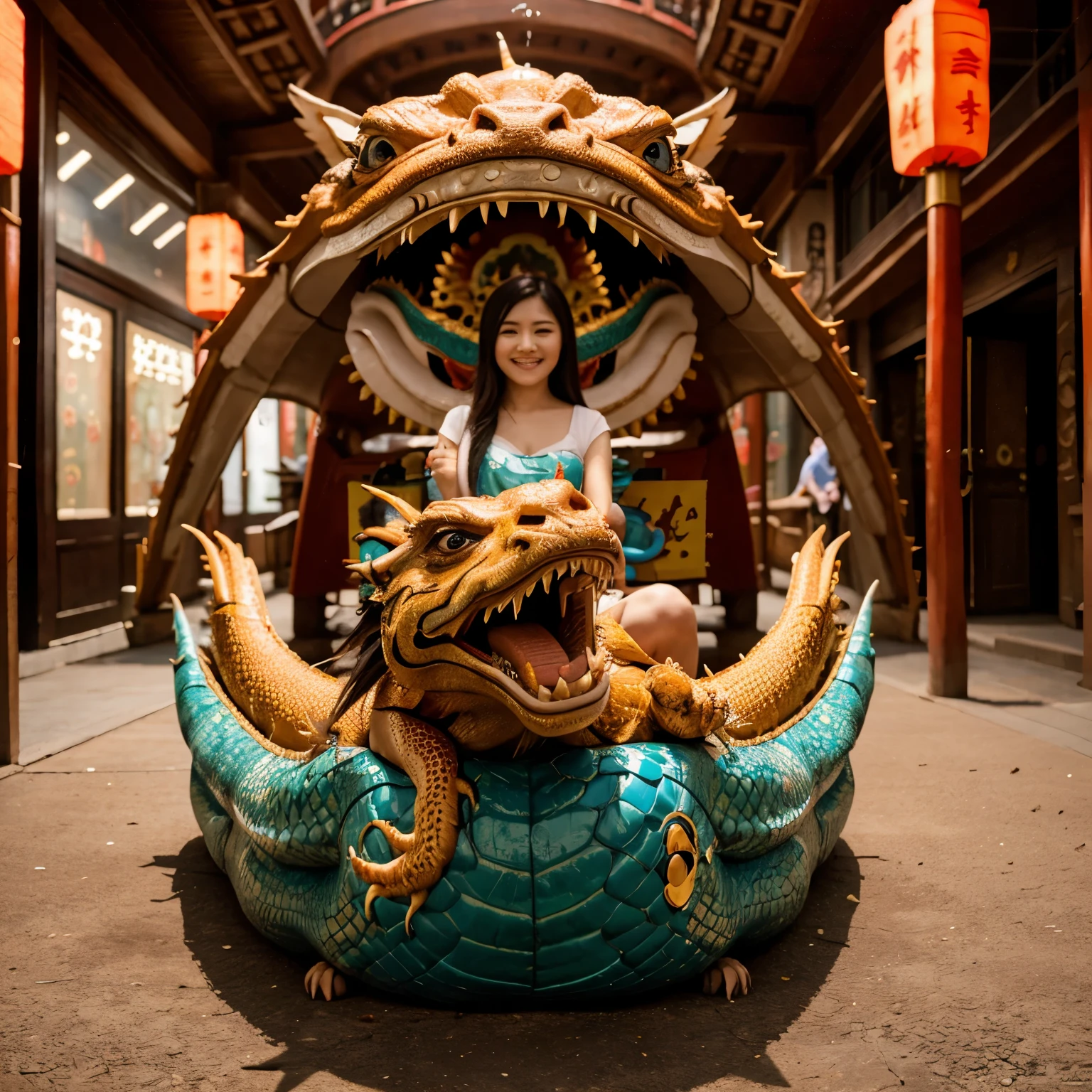 1girl, masterpiece, best quality, making friends with the Chinese dragon, fun, happy, bright, loong,
