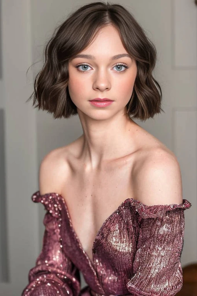 a woman with a short haircut wearing a sequinned dress, portrait sophie mudd, gorgeous young model, gorgeous kacey rohl, portrait of a beautiful model, soft portrait shot 8 k, 7 0 mm portrait, soft and intricate, inspired by Elizabeth Polunin, short brown hair and large eyes, with short hair, editorial portrait, wavy shoulder-length hair