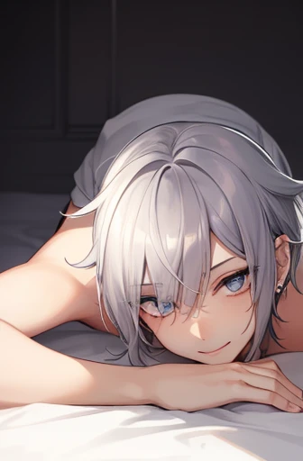 Silver-haired beautiful boy lying on bed、short-haired、Upper body naked、There is an apple on the boy's chest、An apple rests on top of the upper body、hight resolution、ultra-detailliert