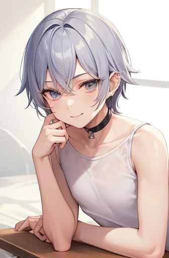 cheeky handsome boy　silver hair　cat eyes　piercings in both ears　Short sleeve shorts　illustration style　Slender body　naughty smile　lying down