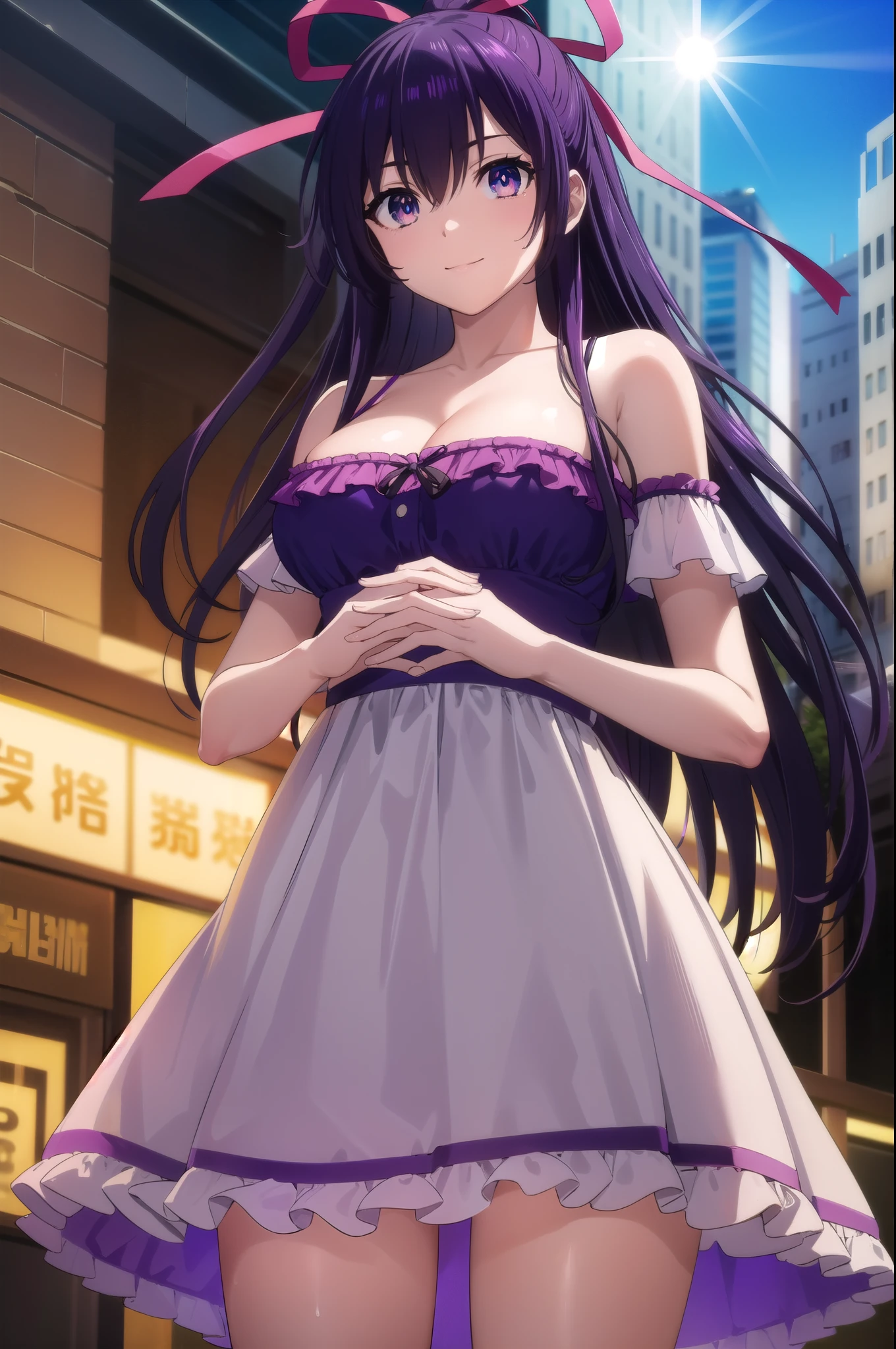 tohkayatogami, tohka yatogami casual, long hair, purple hair, alluringly smile, dress, mini dress, v neck, ribbon, bare shoulders, (purple eyes:1.1), hair ribbon, ponytail, purple hair, white ribbon, off shoulder, armpits, g cup breast , cleavage, plump butt(maroon dress:1.2), short skirts, hand on back 
BREAK ,
BREAK outdoors, city, people, crowd, sky, clouds, sun, blue sky,
BREAK looking at viewer, (cowboy shot:1.5),
BREAK (masterpiece:1.2), best quality, high resolution, unity 8k wallpaper, (illustration:0.8), (beautiful detailed eyes:1.6), extremely detailed face, perfect lighting, extremely detailed CG, (perfect hands, perfect anatomy),