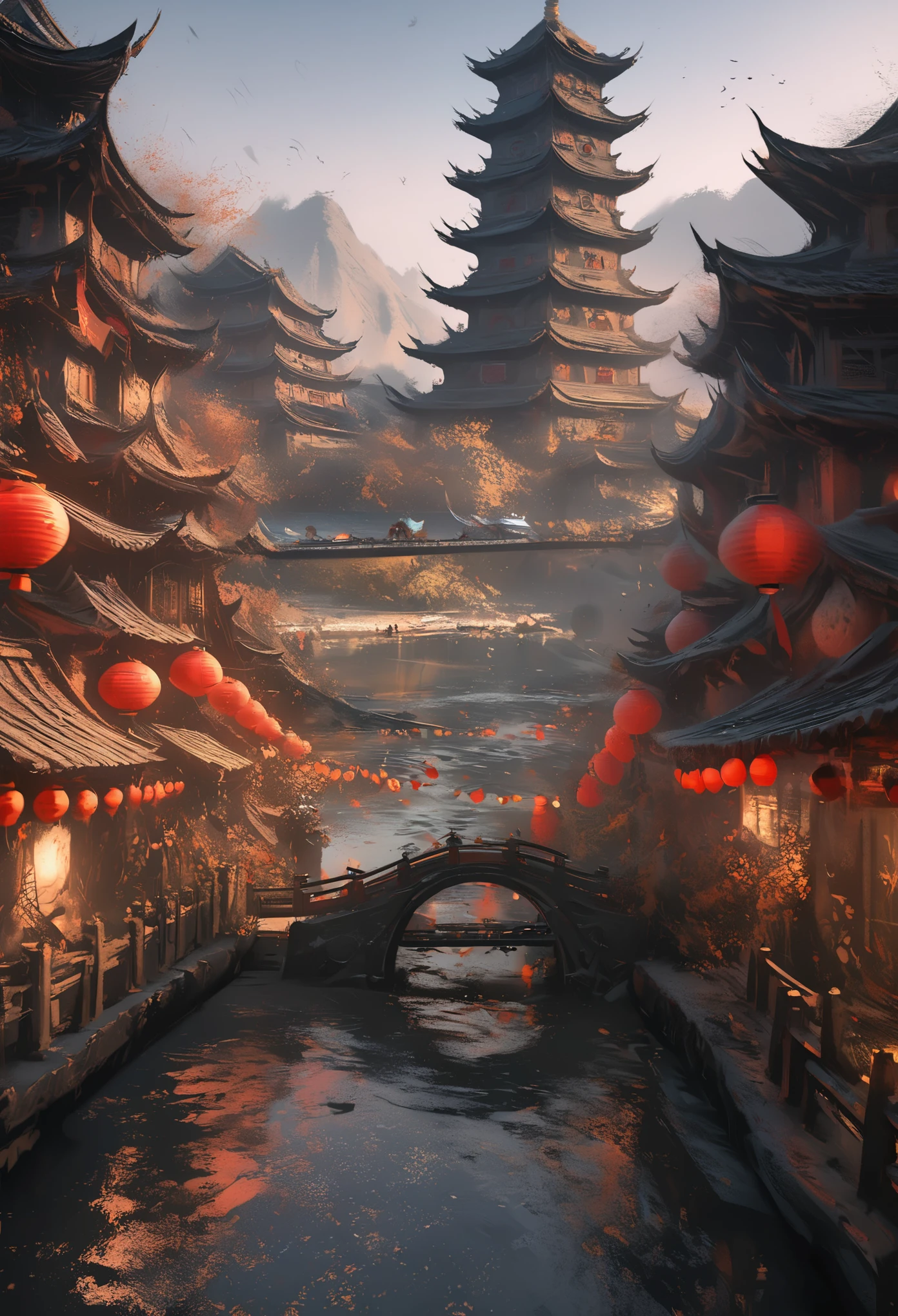 Painting of a Chinese village，There is a bridge over the river, Rostran. landscape background, Digital painting of pagoda, Cyberpunk Chinese Ancient Castle, Dream China Town, Highly detailed digital painting, Very detailed figures, Detailed Landscape—Width 672, wlop and Rostran, Detailed 4k, Detailed digital concept art, Highly detailed digital artwork