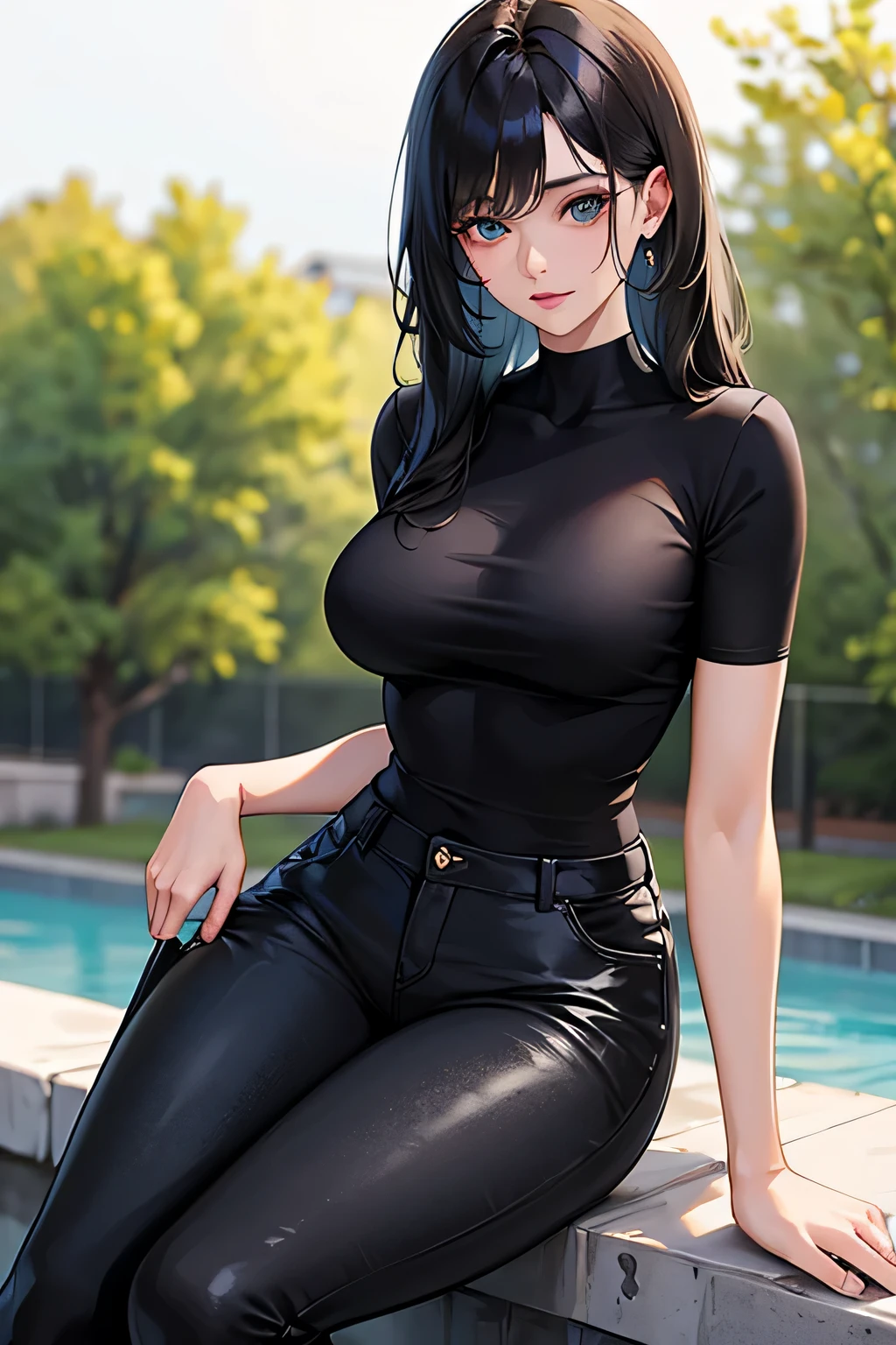 Beautiful girl, good body figure, around 20 years old, black pants, green upper shirt, black boots, blue eyes, curly long brown hair, fair skin ((masterpiece, best quality, a high resolution, ultra detailed)