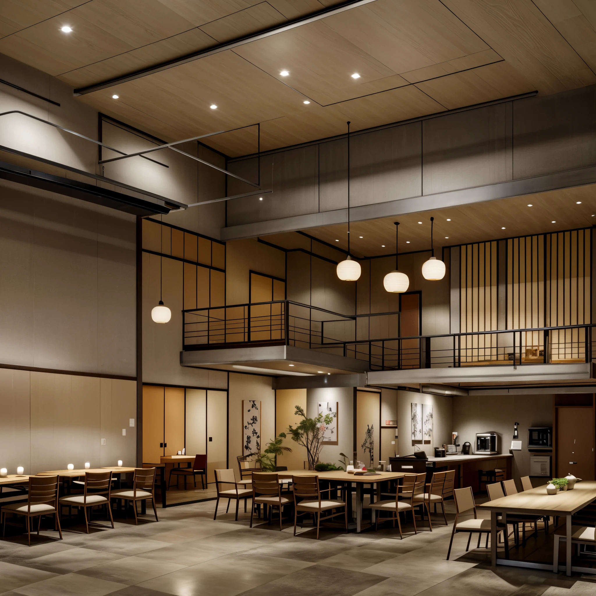 
Modern Japanese restaurant interior, clear photos, stone tables, wooden chairs covered with fabric, stainless steel conveyor belt, decorative walls, artistically decorated ceiling, gray tile floor, light yellow spotlights