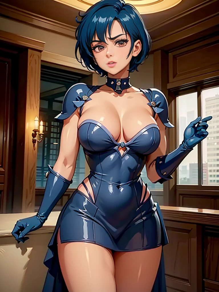 Full HD, 4K.(masterpiece:1.5), (best quality:1.5), amazing, beautiful detailed, extremely detailed wallpaper, extremely detailed CG unity 8k wallpaper, extremely delicate and beautiful, finely detailed, extremely detailed wallpaper, official art, detailed background, ,DollFace, ((30yr old,)) sailor mercury, blue hair,short hair ,red eyes, dominatrix
black body suit, shoulder pads, cleavage,  spikes, 
upper body, cowboy shot,  standing,  
underworld, night red sky, bar,
(insanely detailed, masterpiece, best quality) solo,
