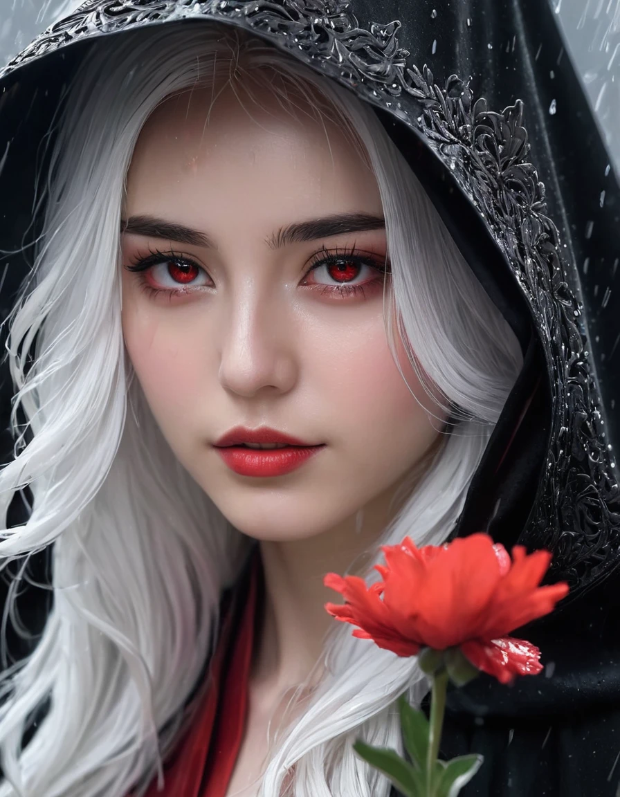 1girl,solo,1girl,solo,((beautiful detailed eyes)), (detailed light),depth of field,(white hair),silver eyes,hair over one eye,(red flower ), hair flower,long hair,black cloak,wet,emotionless,looking back,night,starfall,raining,fog,red flowers falling,sketch,upper body,intense shadows,