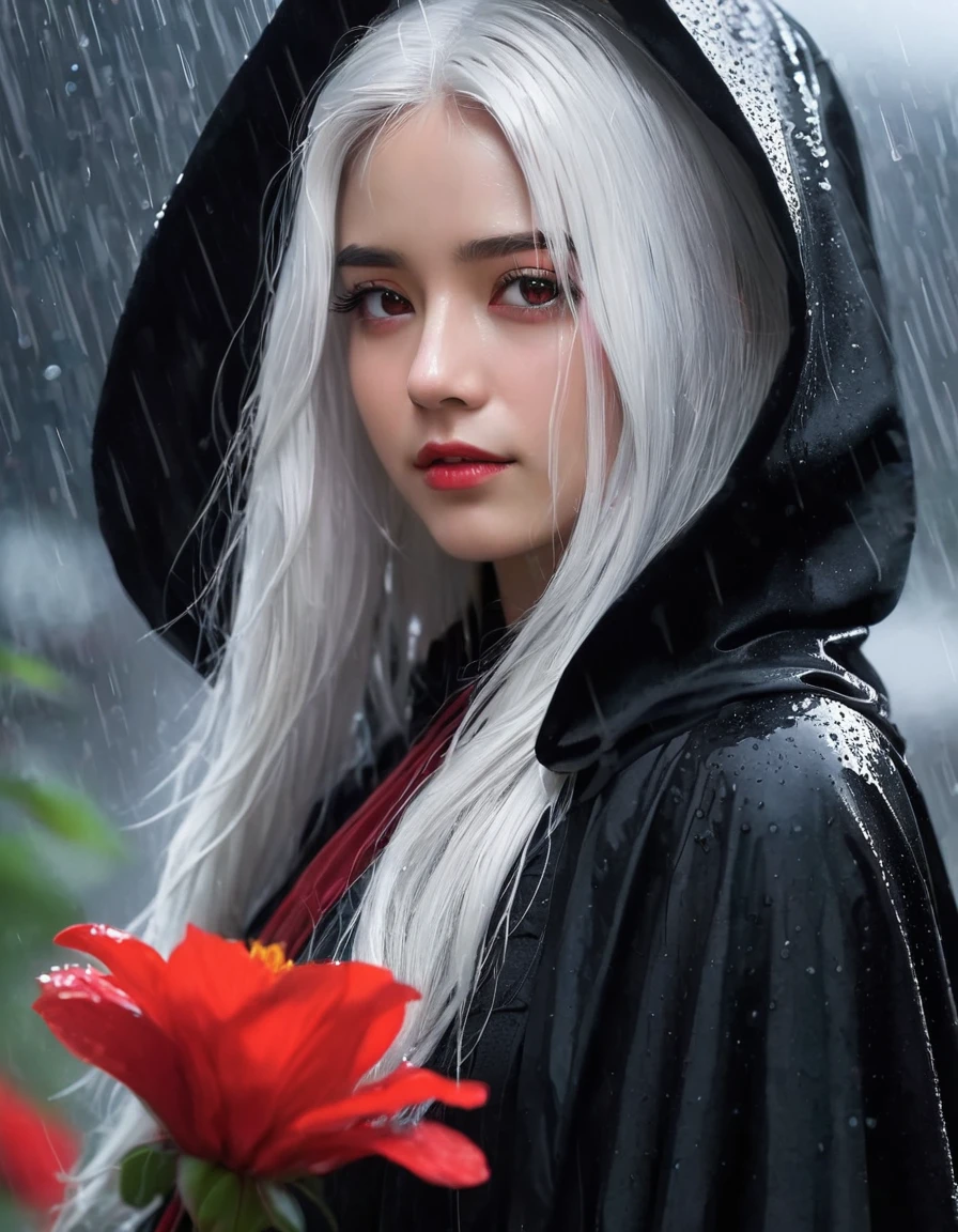 1girl,solo,1girl,solo,((beautiful detailed eyes)), (detailed light),depth of field,(white hair),silver eyes,hair over one eye,(red flower ), hair flower,long hair,black cloak,wet,emotionless,looking back,night,starfall,raining,fog,red flowers falling,sketch,upper body,intense shadows,