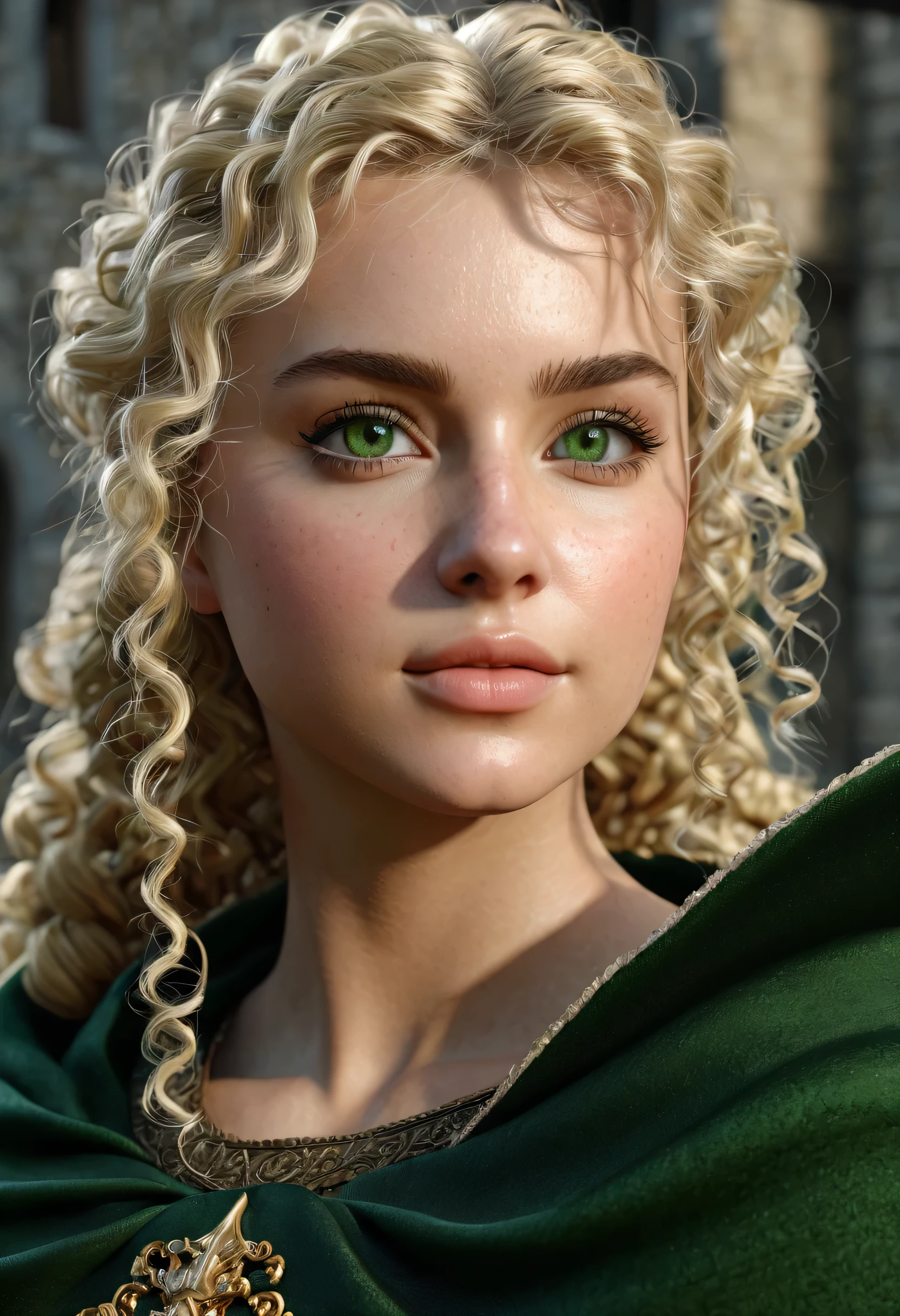 1girl, masterpiece, best quality, 8k, detailed skin texture, detailed cloth texture, beautiful detailed face, intricate details, ultra detailed, a european girl, green eyes, blonde curly hai, 3D character, Medieval Knight