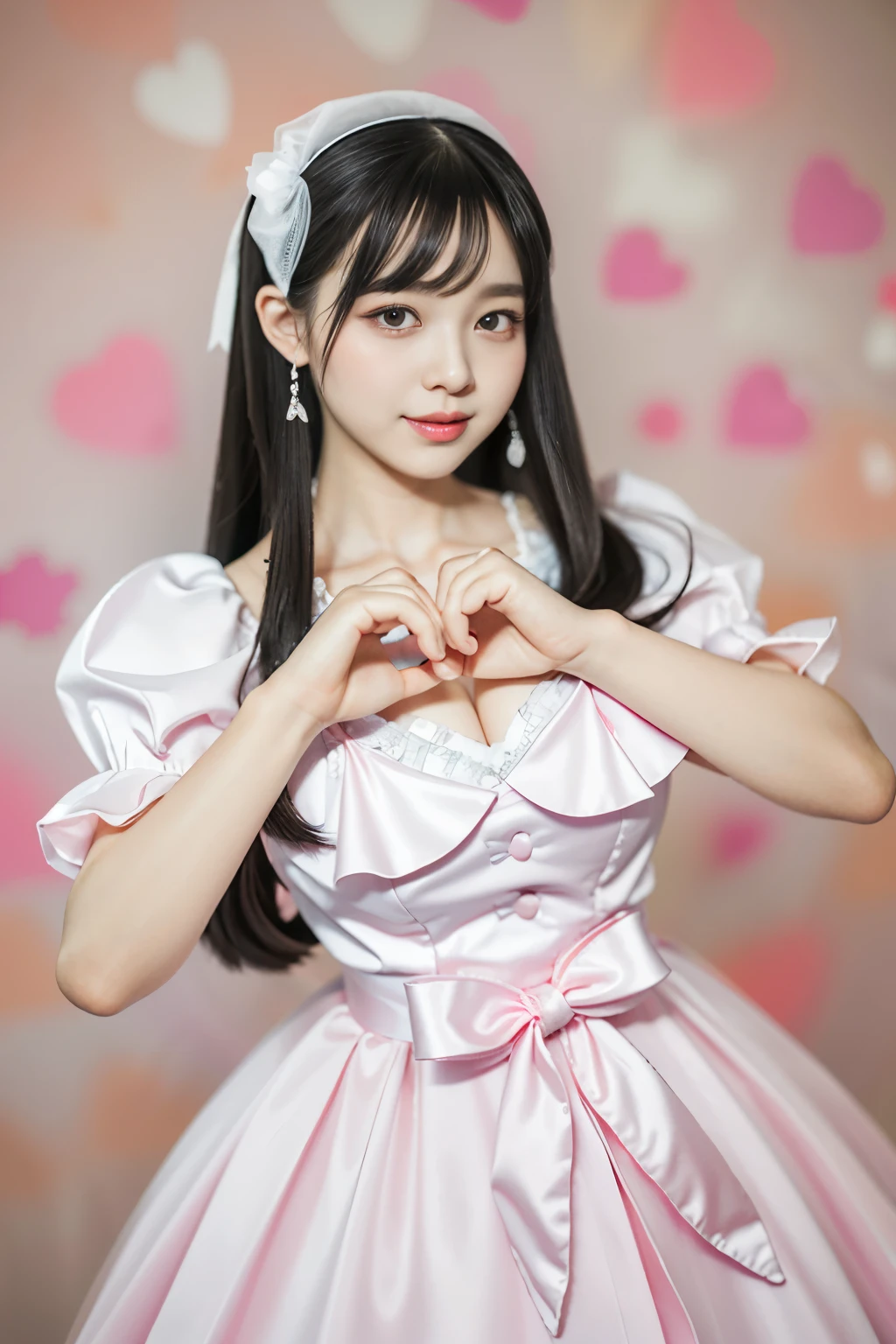 (highest quality、masterpiece、8K、best image quality、hyper realism、Award-winning work)、One Lolita girl、(solo:1.1)、(1 photo:1.1)、(heart mark with hands:1.3)、(Girly cute light pink ruffled transparent lolita dress:1.2)、(Cute girly big ribbon:1.1)、(cute and luxurious hair ornament:1.1)、Girly lace decoration、cute girly frills、(Cute girly lolita wave hair:1.1)、(low length:1.1)、(Height: 140cm:1.1)、(big breasts:1.1)、(Soft cleavage:1.1)、Cute heart mark decoration、lots of cute frills、Big cute ribbon、emphasize body line、slender body、Standing gracefully、(Girly and luxurious lolita room background in pastel colors:1.1)、(Luxurious lolita room with blurred background:1.1)、(Cute girly curtains in pastel colors:1.1)、(very bright and vivid:1.2)、(Cute girly decoration wall in pastel colors:1.1)、blurred background、Full body photo of a woman standing gracefully、accurate anatomy、perfect makeup、long eyelashes、glossy lips、Ultra high definition glossy skin、(Ultra-high definition bright and beautiful skin:1.2)、超高精細のglossy lips、Super high definition beautiful teeth