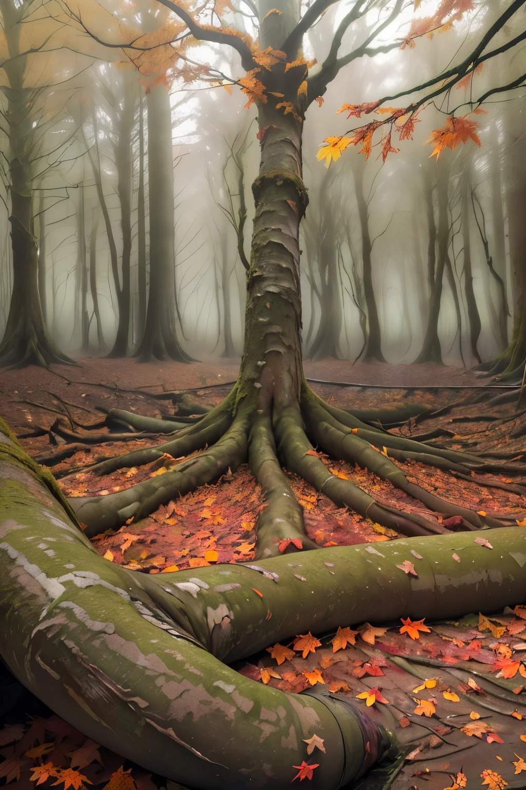 ((highest quality)), ((masterpiece)), (be familiar with), (Accurate hand and finger depiction), Inside the fantastic sea of trees、(Autumn landscape in a gloomy forest:1.5) , (Layer depth, parallax effect, soft focus foreground, Landscapes depicted:1.3), (The ground is covered with tree roots and fallen leaves.:1.4)、(steam:1.2)、like a movie, (A penis grows out of the ground:1.3), (penis)