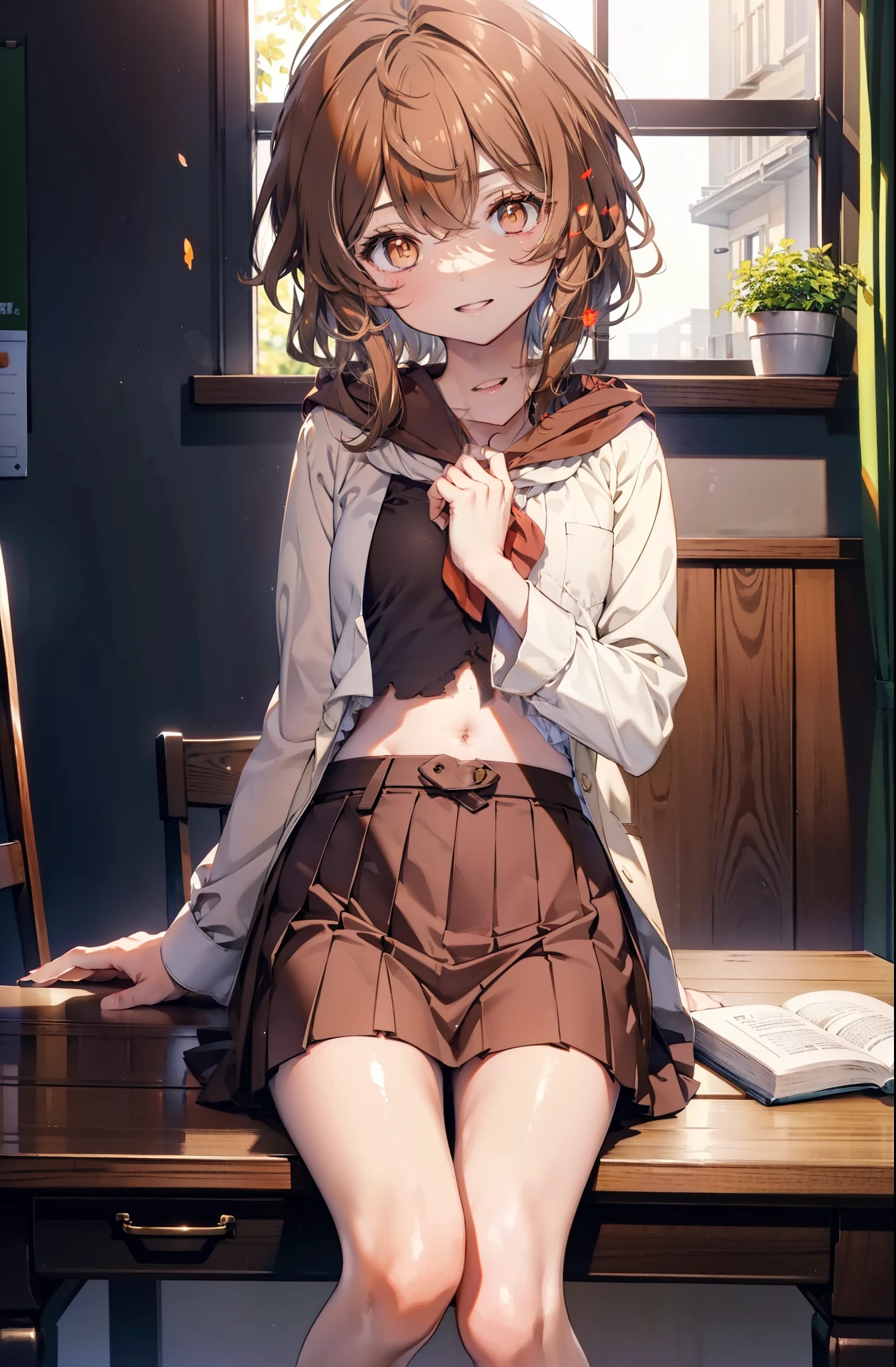 lil card, Liliruka gets burned, (brown eyes:1.7), brown hair, (flat chest:1.2),happy smile, smile, open your mouth, short hair,white Y-shirt,brown blazer,Brown pleated skirt,black pantyhose,brown loafers,There is a textbook on the desk,sitting cross-legged,昼間
break looking at viewer,
break indoors,school classroom,
break (masterpiece:1.2), highest quality, High resolution, unity 8k wallpaper, (shape:0.8), (fine and beautiful eyes:1.6), highly detailed face, perfect lighting, Very detailed CG, (perfect hands, perfect anatomy),