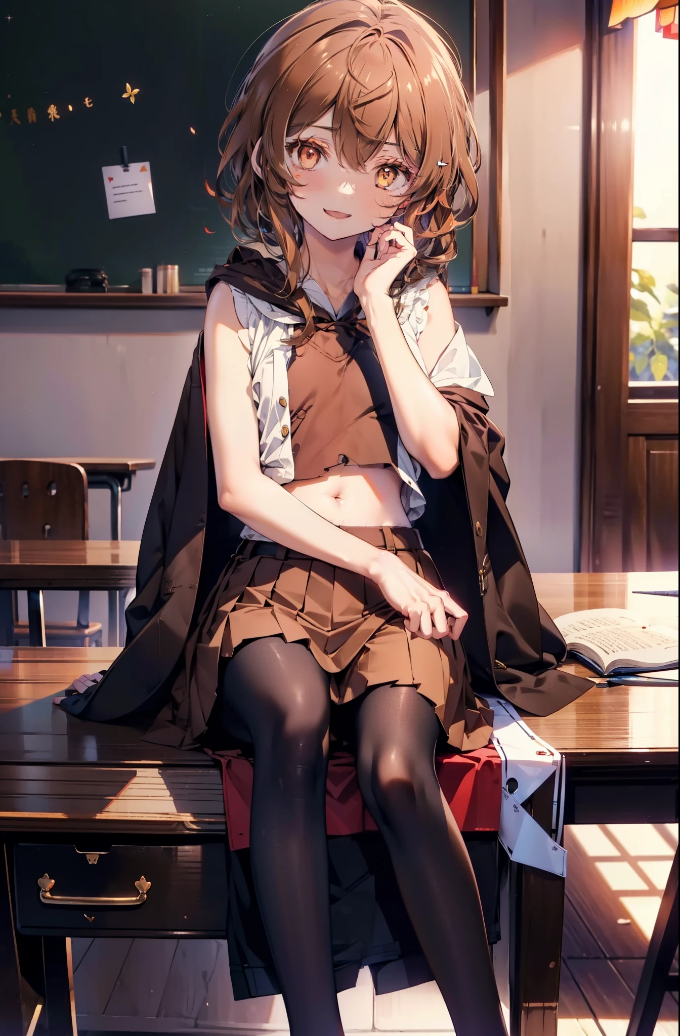 lil card, Liliruka gets burned, (brown eyes:1.7), brown hair, (flat chest:1.2),happy smile, smile, open your mouth, short hair,white Y-shirt,brown blazer,Brown pleated skirt,black pantyhose,brown loafers,There is a textbook on the desk,sitting cross-legged,昼間
break looking at viewer,
break indoors,school classroom,
break (masterpiece:1.2), highest quality, High resolution, unity 8k wallpaper, (shape:0.8), (fine and beautiful eyes:1.6), highly detailed face, perfect lighting, Very detailed CG, (perfect hands, perfect anatomy),