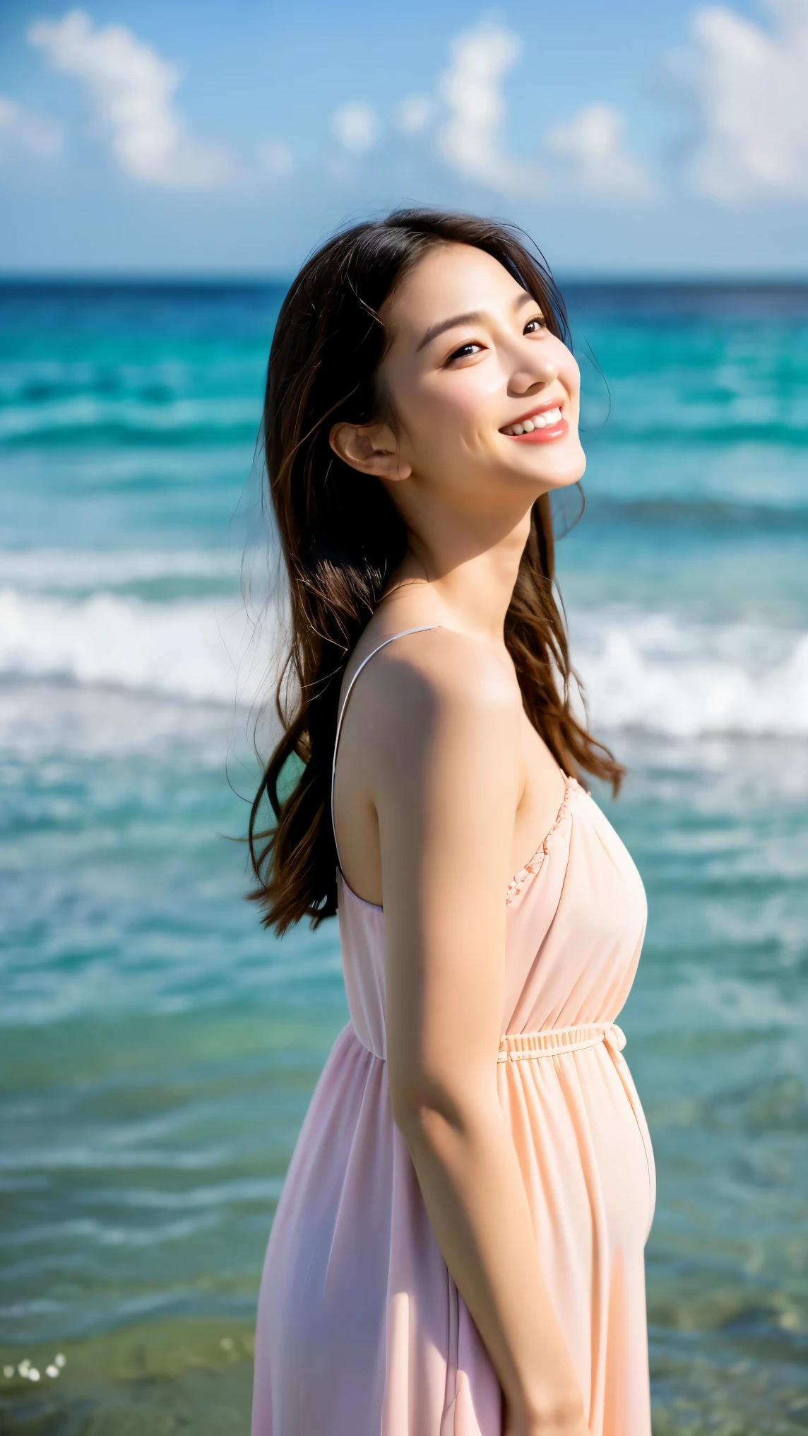 Highest quality、8k、32K、masterpiece,)Beautiful woman、Natural look、Looking into the camera 、See-through dress、Soft atmosphere、moment、No makeup、Shooting from the side、the sea is shining、Shooting from a distance、Walking on the beach with pandas、Laughter、Semi-long hair、Wind