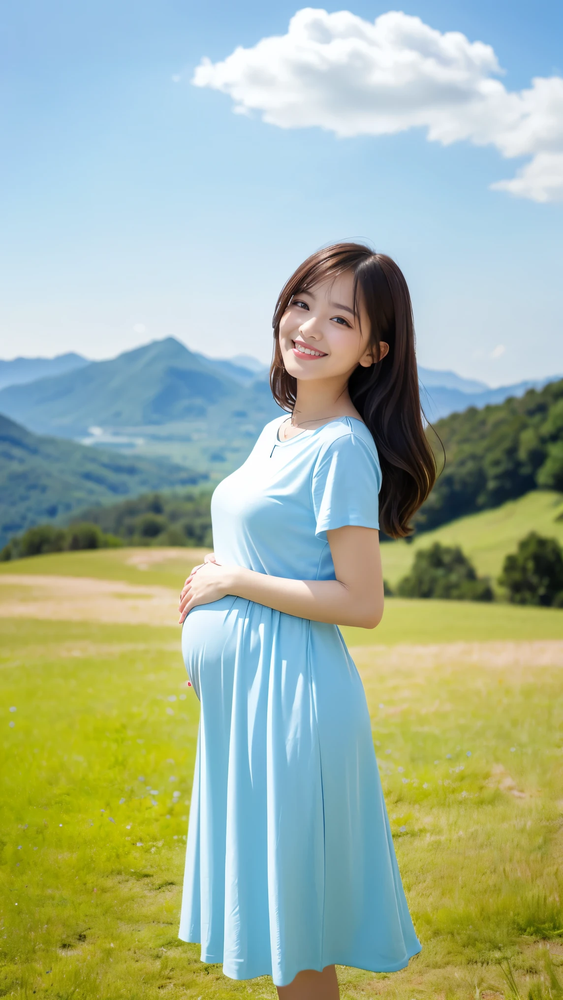 (highest quality、masterpiece、8K、best image quality、hyper realism、Award-winning work)、1 pregnant woman、(solo:1.1)、(1 photo:1.1)、(Height: 140cm:1.1)、(low length:1.1)、(****ta:1.1)、(Feminine and girly cute accessories:1.1)、(フェミニンでガーリーな可愛い****ta少女:1.1)、(Elegant pastel light blue T-shirt:1.1)、(Pastel light pink berry long flare skirt:1.1)、(late pregnancy:1.2)、Standing gracefully、(Random beautiful nature scenery background:1.1)、(Spectacular and mysterious scenery:1.1)、(beautiful clear sky:1.1)、(beautiful thunder clouds:1.1)、Full body photo of a woman standing gracefully with the biggest smile looking at me、accurate anatomy、perfect makeup、long eyelashes、glossy lips、Ultra high definition glossy skin、(Ultra-high definition bright and beautiful skin:1.1)、超高精細のglossy lips、Super high definition beautiful teeth