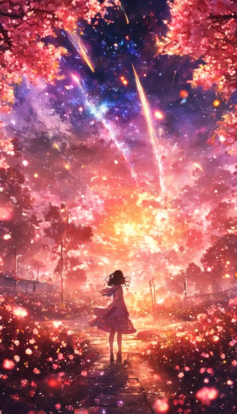 masterpiece, concept art, panorama, in the center, figure, wide shot, flower garden, night, (Meteors), Space galaxy background, (magnificent composition, epic proportions), dynamic lighting, Bright colors, cherry blossoms,1 girl,