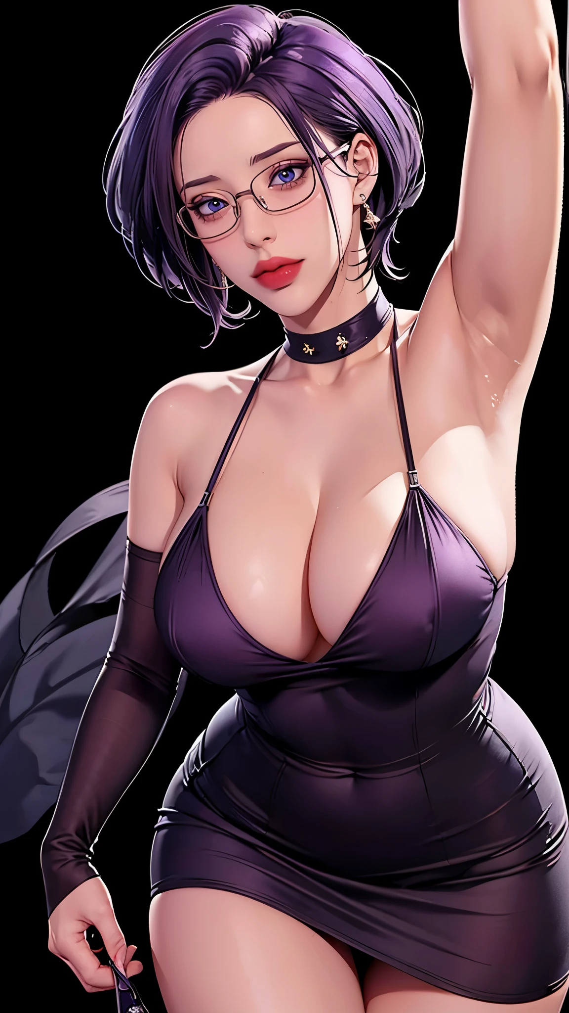 （（（完美figure，figure，Grey sweater, black dress, black stockings，（（（JMT,Glasses,purple hair,short hair,purple eyes,MiJungdef，purple eyes，purple hair，medium hair，）））型figure:1.7））），((masterpiece)),high resolution, ((Best quality at best))，masterpiece，quality，Best quality，（（（ Exquisite facial features，looking at the audience,There is light in the eyes，Happy，***********nterlacing of light and shadow，huge boobs））），（（（looking into camera，black background，Bend forward）））