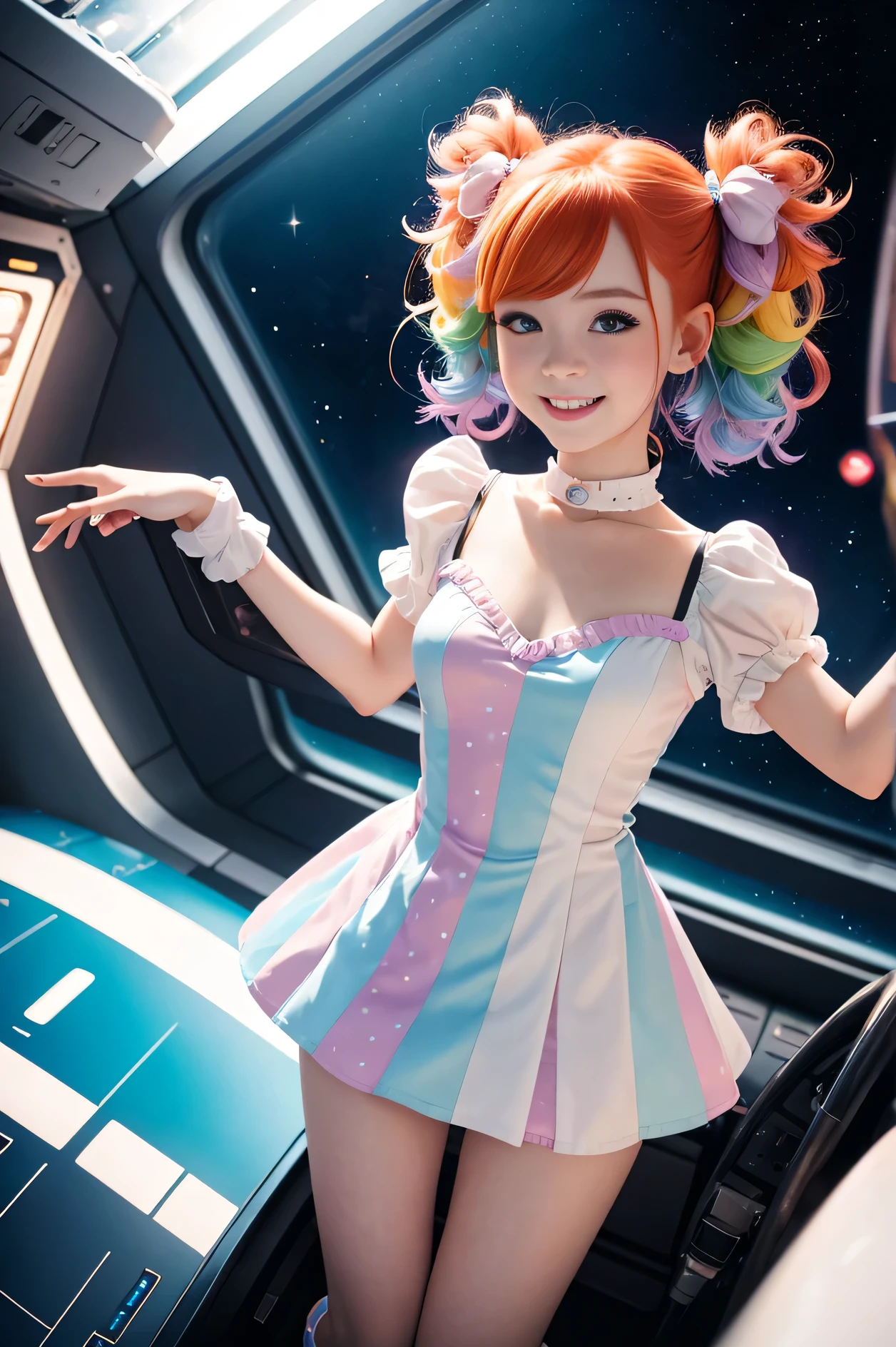 (overhead view) Cute redhead with rainbow colored hair tips, ribbons in her hair, 18-year-old woman, happy, smiling, in twin tails, perfect eyes, clear sparkling blue eyes, pale skin, silky smooth skin, flying a fancy metal luxurious space ship, futuristic cockpit, she's a pilot, outer space seen in windows, dark warm lighting, wearing a futuristic dress, pleated (chemise) mini dress (pastel rainbow colors, and polka dots), puffy sleeves, silk, pantyhose, cute short cut booties, boots.
