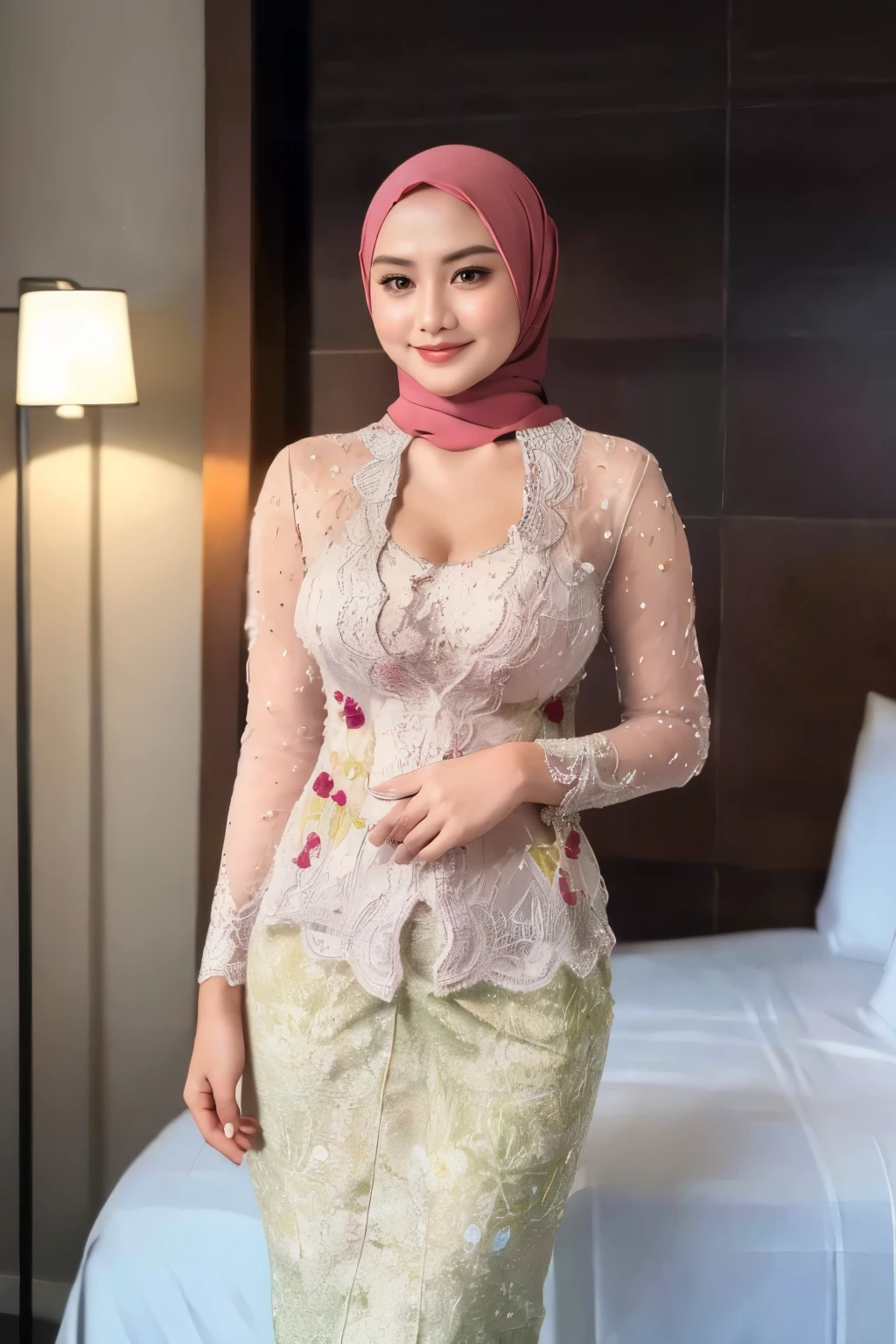 amazing quality, elegant, perfect, hyper realistic, masterpiece ,Create a photorealistic masterpiece of a beautiful woman with hijab wearing traditional Indonesian kebaya attire, solo, firm medium breast, cleavage cutout, Set her against a dark, bedroom backdrop with a captivating glow in the background and bokeh effect. Ensure the image quality is 8K with ultra-realistic details.,kebaya,kebaya indonesia