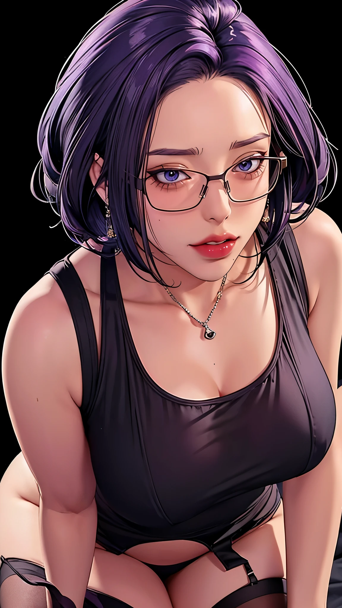 （（（完美figure，figure，Grey sweater, black dress, black stockings，（（（JMT,Glasses,purple hair,short hair,purple eyes,MiJungdef，purple eyes，purple hair，medium hair，）））型figure:1.7））），((masterpiece)),high resolution, ((Best quality at best))，masterpiece，quality，Best quality，（（（ Exquisite facial features，looking at the audience,There is light in the eyes，Happy，lol））），（（（Interlacing of light and shadow，huge boobs））），（（（looking into camera，black background，Bend forward）））