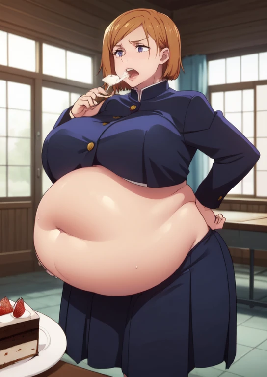 (masterpiece, best quality), 1girls, big belly, blurry background, huge belly, art by kipteitei, round belly, chubby, curvy, short cut hair, brown hair, ripped shirt, skirt, thighhighs, simple_background, gradient_background, belly bursting out of (((black school uniform))), long sleeves, enormous belly, fat belly, thicc, bigger belly, really big belly, jiggly belly, giant huge belly, big enormous belly, ((((gigantic belly)))), bloated belly, fat belly, ginormous big belly, expanding big belly, sfw, safe for work, standing up belly on table, sfw (safe for work), nobara kunisaki, (((eating cake, hand full of cake, shoving cake into mouth, open mouth, cake in front of mouth))), sweating, blushing, ahegao, moaning, (((gurgling groaning grumbling belly, jiggly belly, gigantic swelling fat belly bulging out of clothes, floating hands holding dishes, floating hands holding plates of sweets))), belly on table, belly flopped on table,