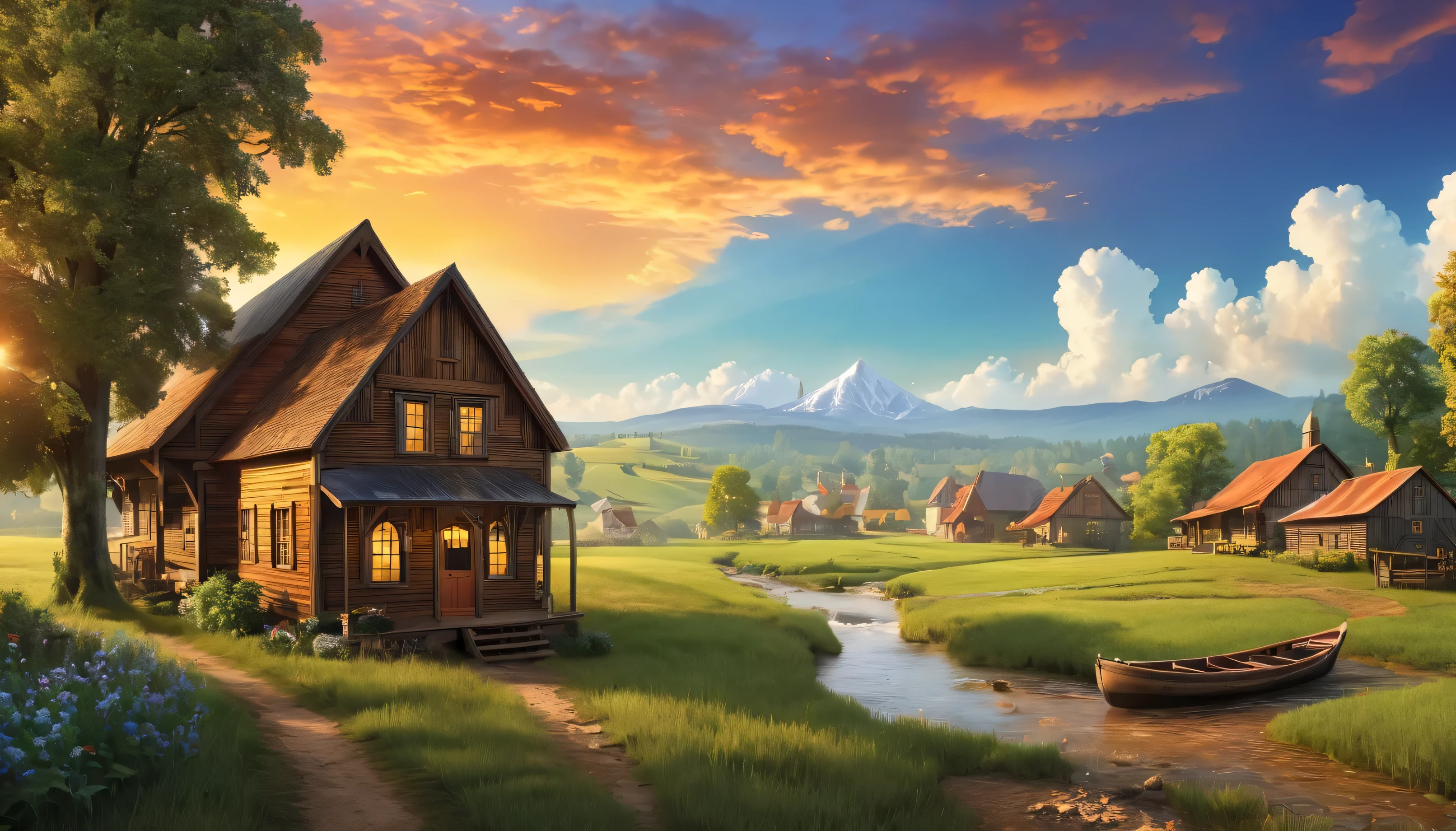 Painting of a small cabin in a field with a boat - SeaArt AI