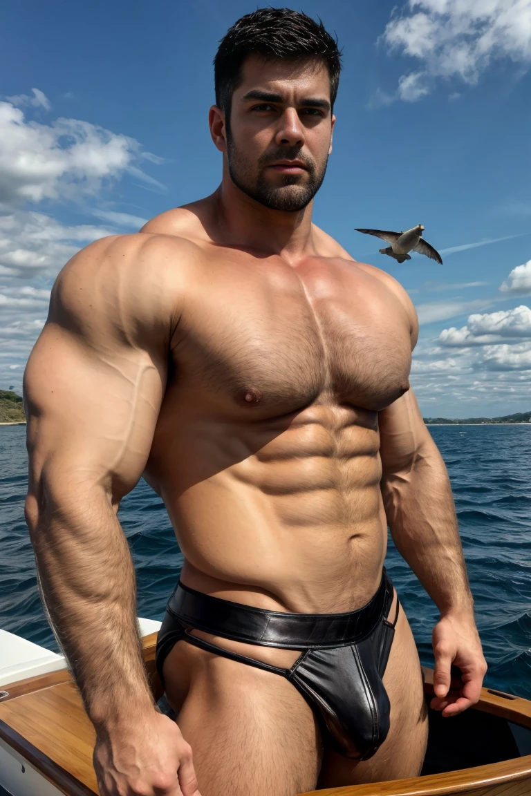 wide angle,Medium shot of two handsome guys,plump breasts,swelling of chest muscles,Full chest muscles,swelling of chest muscles,sweating,Skin is moisturized and shiny,(face slimming),short hair,beard,Sexy and charming expression,gloomy eyes,blue eyes,Naughty and cool,Handsome and cool guy, (topless), Ultra-thin tights,Big bag highlights,(Full chest muscles),(breast muscle swelling),Chest and belly hair,topless,Skin smooth and hydrated,fiery, super sexy, Behind him is the sea, Standing on a small boat,There are birds in the sky,There are flying fish and dolphins in the water,of a topless, member, very sexy,Blue sky and white clouds, member, Looks hot, intense smoldering, Attractive and good looking, 30 years old, attractive man, sexy masculine, 8k realistic, Super detailed photos, Bulger j8,Perfect hand details,Perfect facial details