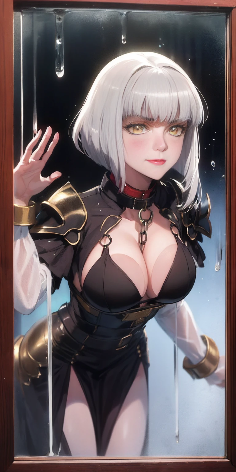 1990s style, dark fantasy anime illustration of a (mature MILF BIMBO Dark Elf with grey skin and short white hair), (UPPER BODY) perfect face, wearing tight leather stealth armor, stalking her victim at DAYLIGHT, ambient light, dark and moody, retro style, BIG KNOCKERS CLEAVAGE, lustful smirking smile red blush red cheeks, chain leash, kneeling, shackles, leather black collar slave, ((BLACK background)) hands on glass breasts on glass ass on glass window fog water drop