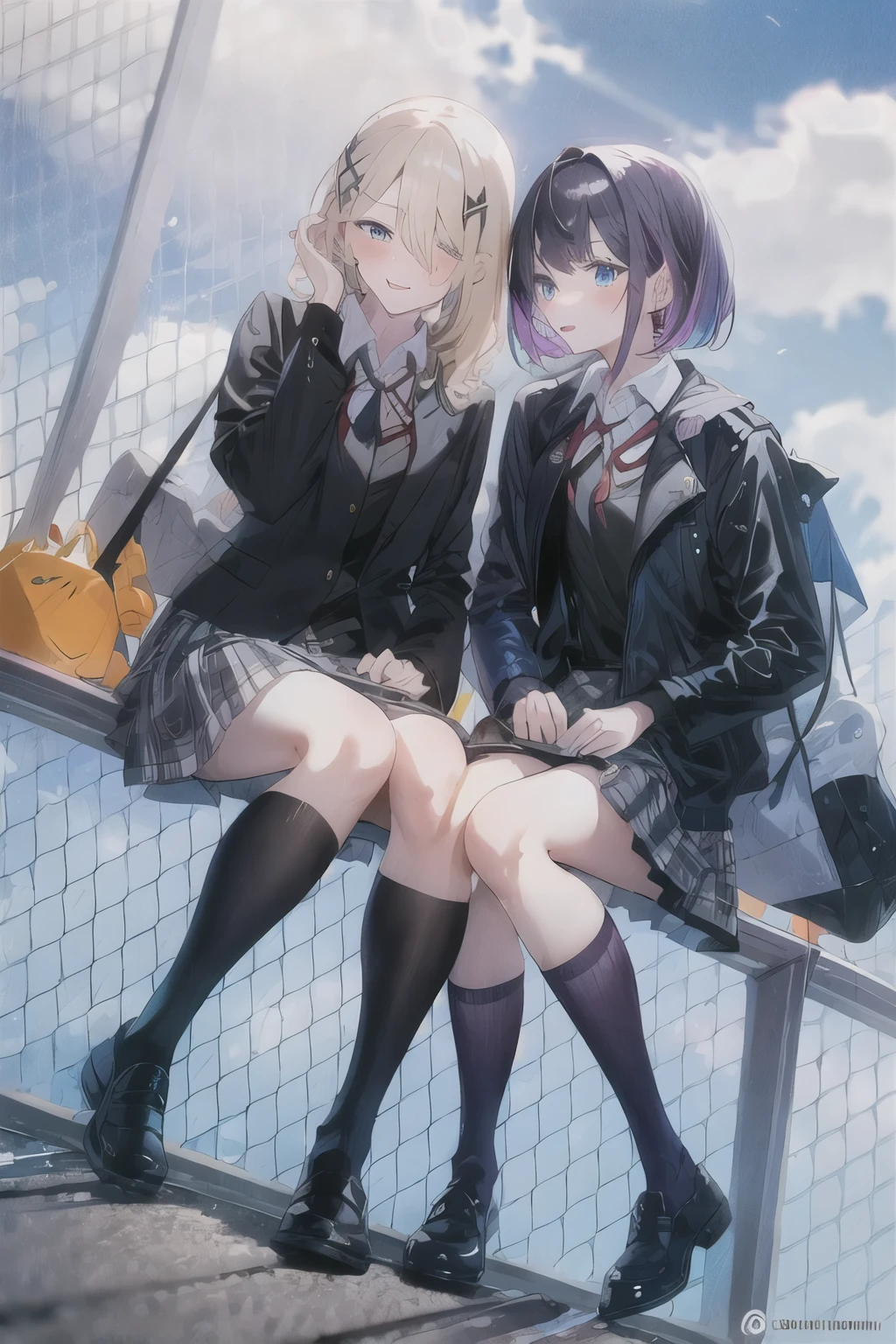 -yuri , chain-link fence, fence, multiple girls, 2girls, skirt, jacket, blonde hair, plaid skirt, sitting, plaid, holding, phone, socks, , multicolored hair, bag, shirt, black hair, cellphone, school bag, ribbon, white shirt, streaked hair, long sleeves, twintails, candy, grey skirt, pleated skirt, bangs, food, looking at viewer, collared shirt, cloud, outdoors, lollipop, holding phone, sky, black jacket, purple eyes, day, short hair, dutch angle, hair over one eye, blush, closed mouth, kneehighs, smartphone, long hair, blue sky, blue eyes, black socks, red ribbon, blazer, neck ribbon, yuri, miniskirt,  username, eyes visible through hair, purple hair, green eyes, rooftop, tongue out