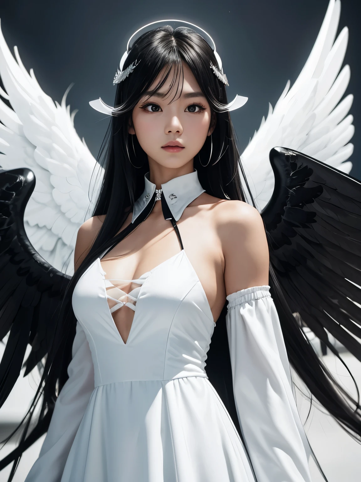 Cowboy shooting, (black wings:1.2), Very long hair, Side Mao Insult, collar, Keep, Off the shoulders, (white dress:1.3), white jacket,halo,