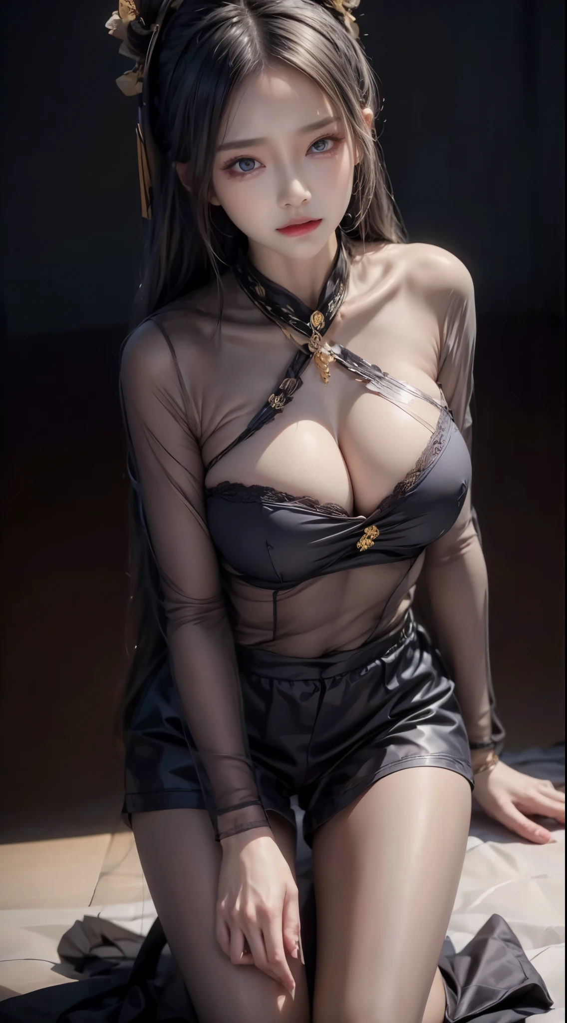 realistic, 1 women, best quality, 12k, HD, long hair, big round breasts, cleavage, ponytail, necklace, jewelry, shorts, short jacket, slim hips, hair tie, yellow eyes, black hair, super detailed, Eye details, hair details, person details, mouth details, face details, breast details, clothes details, hair details, pants details, hand details, whole body