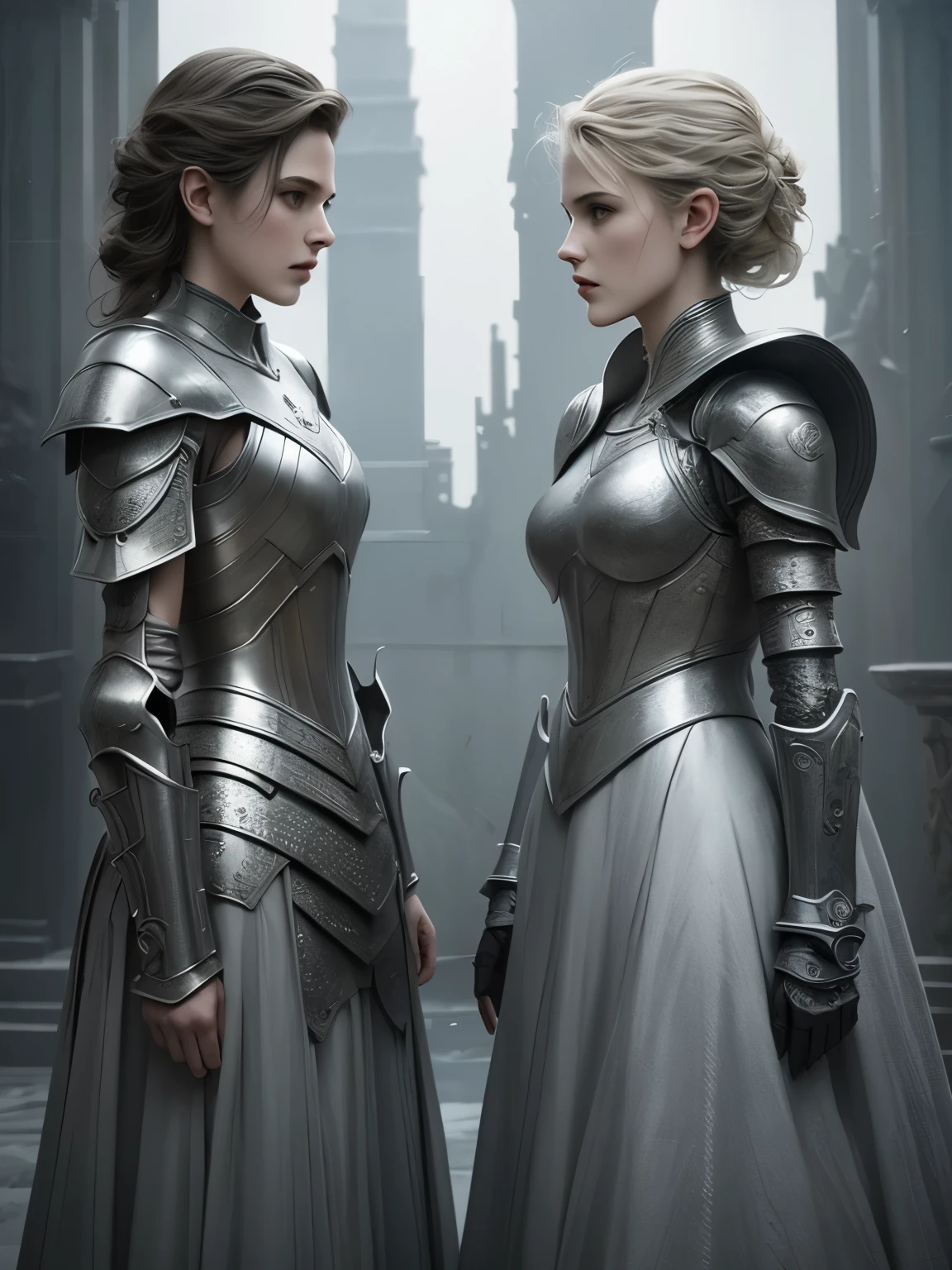 There are two women in armor standing side by side, highly detailed surreal vfx, Inspired by Peter Lindbergh, Desaturated and muted colors, Inspired by Nikolay Avramov, Clock Punk, Detailed and beautiful faces, author：Steven James Petruchio, Prometheus (2012)