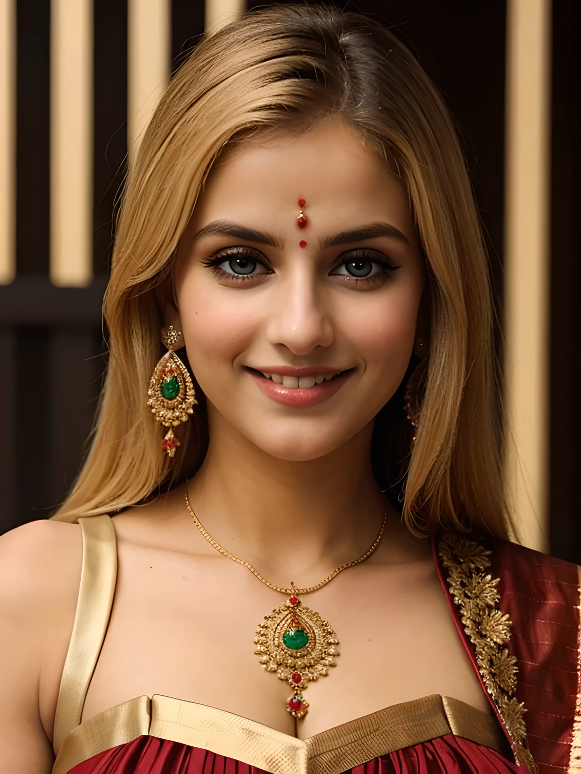 a closeup dark full body top to bottom shot photo of a blonde with perfect eyes, smile, same face, wearing Indian traditional festival dress,full length image