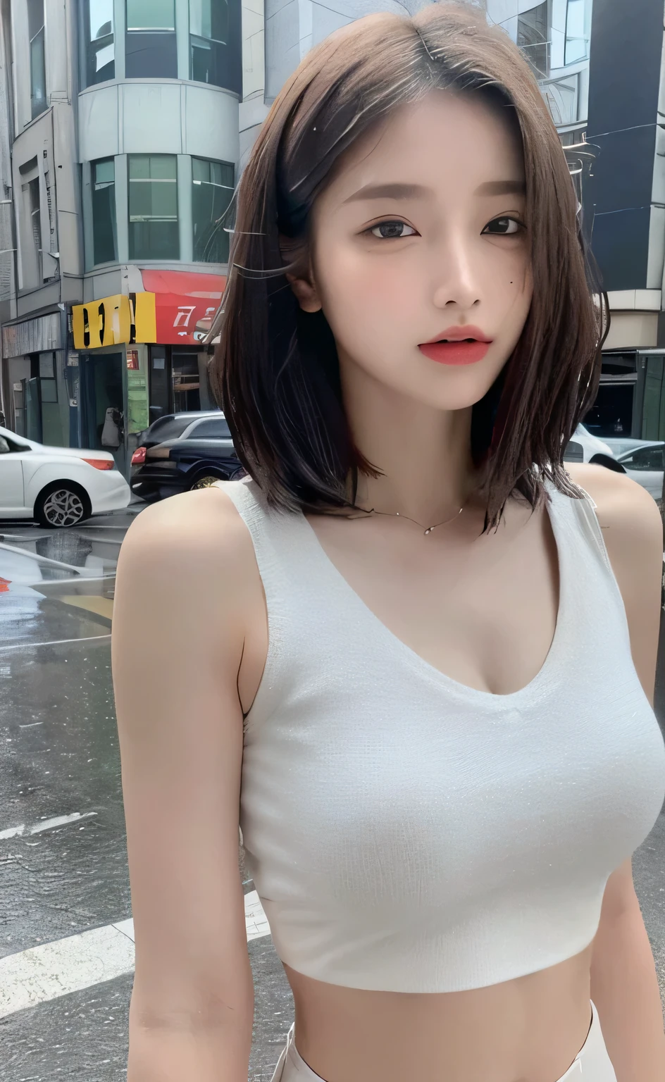 ((highest quality, 8K, masterpiece:1.3)), concentrated:1.2, perfect body beauty:1.4, buttocks:1.2, ((layered haircut, chest:1.2)), (wet clothes:1.1) , (rain, street:1.3), (loose crop top :1.5), (Loose top with highly detailed face and skin texture, fine eyes, double eyelid, Whitening skin, long hair, (shut up: 1.3)