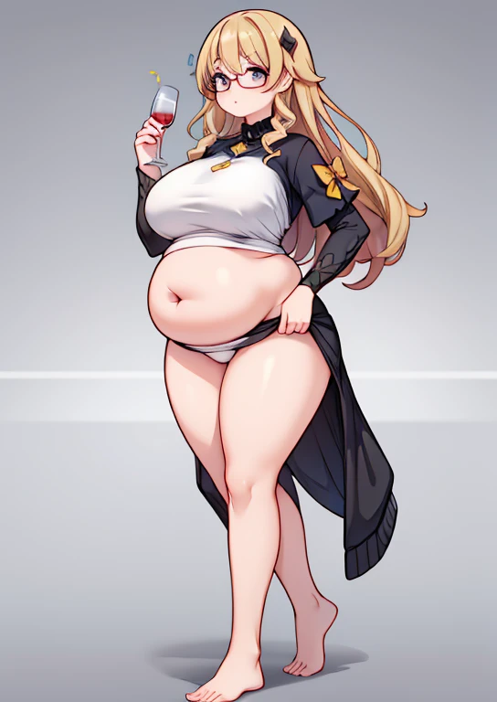 (masterpiece, best quality, highly detailed), 1girls, big belly, blurry background, huge belly, art by kipteitei, round belly, chubby, curvy, simple_background, gradient_background, belly grab, enormous belly, fat belly, thicc, bigger belly, really big belly, jiggly belly, shirt covering belly, belly cover by shirt, glasses, barefoot, (mommy), ((full body)), long hair