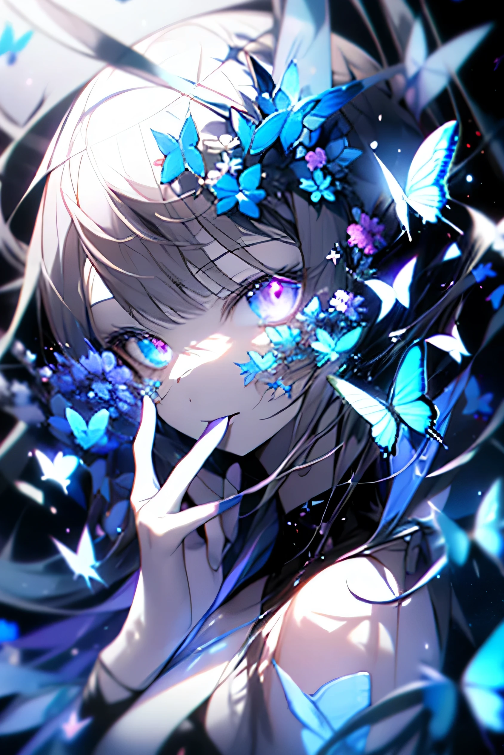 a color, Hitch, (1girll, Solo:1.4), (Butterflies:1.2), (Blue flowers), Looking_at_peeping at the viewer, partly_submerged, hand_On_has cleavage_face, Topless, (brown_Hair, Very_Long_Hair, bangs:1.2), Hair_flower, (Glowing_purple_Eyes), Smirking, Ripples, purple scarf, Dark water, (Surreal:1.3), (color difference), Black background, (prisms), glitters, holograph, crystallic