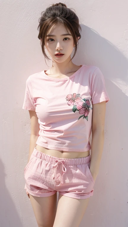 pink thin flower pattern T-shirt , Short pants , big breast