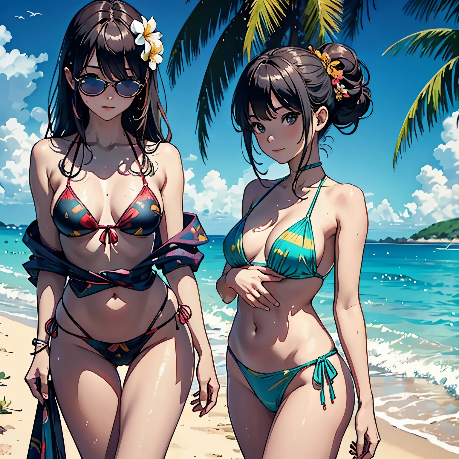 [ 4K digital art ]、((highest quality, masterpiece, High resolution))、((anime art))、 ((reality))、beautiful japanese woman、((two women))、18-year-old、((two womenが互いに抱きしめる))、(Detailed depiction of a beautiful face)、smile gently、small breasts、slim body shape、medium short hair、semi-long、bun hair、Wet see-through bikini、(Wrap your waist in fabric with bold ethnic patterns and plenty of primary colors.。.)、realistic skin、Wet、full body、No zoom、No close-ups、(Beautiful tropical beach landscape photography)、cinematic light、tropical、(flowers on the beach)、Against the background of palm trees、on a sunny beach、With the sea in the background、squall、rainbow、blur background、