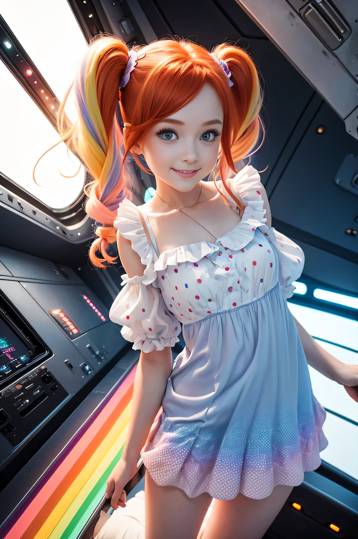 (overhead view) Cute redhead with rainbow colored hair tips, ribbons in her hair, 18-year-old woman, happy, smiling, in twin tails, perfect eyes, clear sparkling blue eyes, pale skin, silky smooth skin, flying a fancy metal luxurious space ship, futuristic cockpit, she's a pilot, outer space seen in windows, dark warm lighting, wearing a futuristic dress, pleated (chemise) mini dress (pastel rainbow colors, and polka dots), puffy sleeves, silk, pantyhose, cute short cut booties, boots.