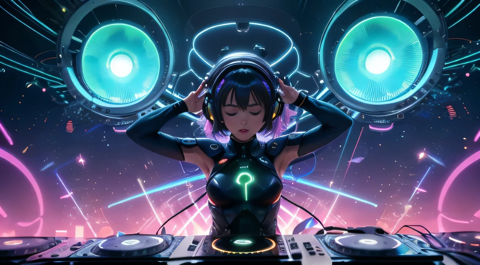 (master part:1.3),(best quality:1.2),8k,Absurdo,unidade 8k wallpapper,(extremamente detalhado:1.3),Highestres,
(1girl:1.2),(headphones on head:1.1),(Neon light:1.1),chapelaria,dynamic pose,(cabelos flutuantes:1.2),short hair,,(apaixonado:1.2),(DJ:0.9),(Psychedelic:1.2),dynamic pose,electric wire,1Hand on own head,(feixe de luz:1.2),olhos fechados,diafragma,ofuscar,(music:1.2),cabo,raios de deus,(dentro:1.2),lateralmente,(instrumento:0.7),frantic,apaixonado,Energetic,intenso,eletrizante,emocionante,Dynamic,emocionante,explosivo,Concordar,crowd,raios de luz,,Neon light,
