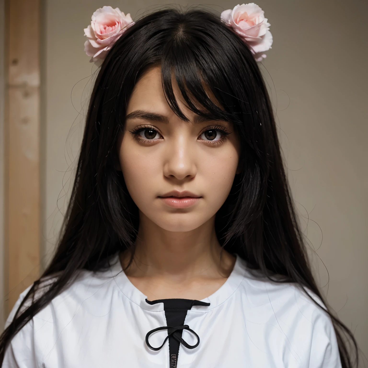 anime, cartoon girl with black hime hair style, pink eyes