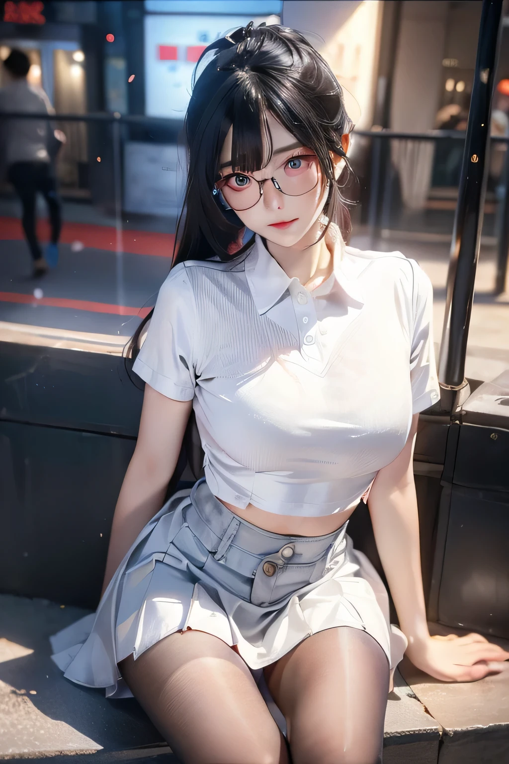 1 beautiful woman, 20 years old, Brunette Bob, long straight hair, hyper detailed face, detailed lips, super detailed eyes, wears glasses, (colossal breasts, pigtails, t-shirt, ((Short tight skirt)), cleavage, white thong、( thighs thighs thighs thighs), Sitting on the bus.