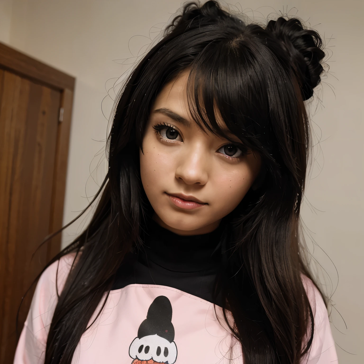 anime, cartoon girl with black hime hair style, pink eyes 
