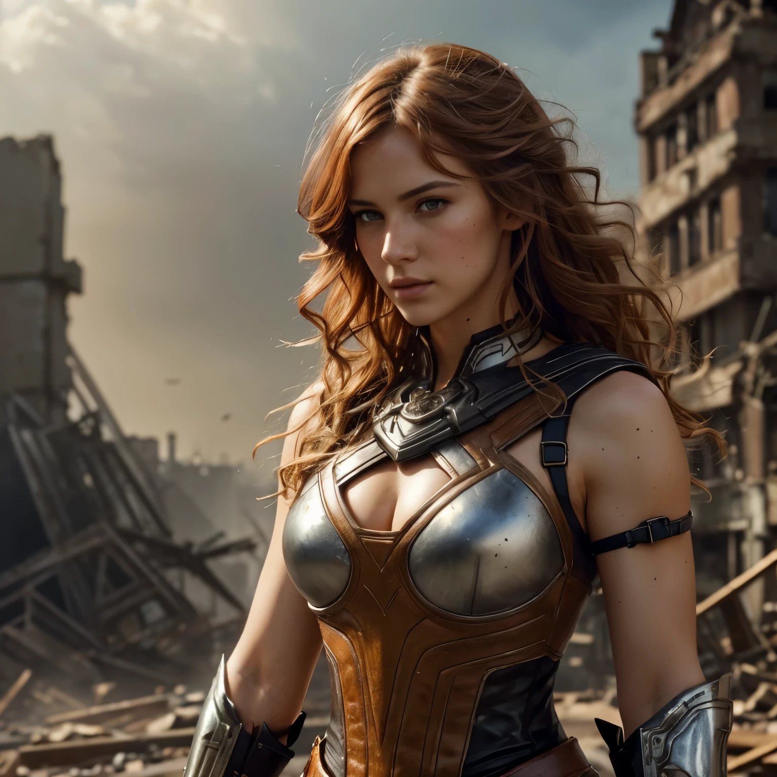 a beautiful woman, orange eyes, (blush nose), detailed eyes, cinematic, drawn by Greg Rutkowski, Yoji Shinkawa: 0.6long curly orange hair, defined body, wearing detailed Victorian-era armor (((super strong)), masterpiece, best quality, ultra-detailed, ground, destroyed city background, shadows, contrast, gray sky, style (look at viewer: 1.2) (skin texture) (film grain: 1.3), ultra-high resolution, octane render, 16k