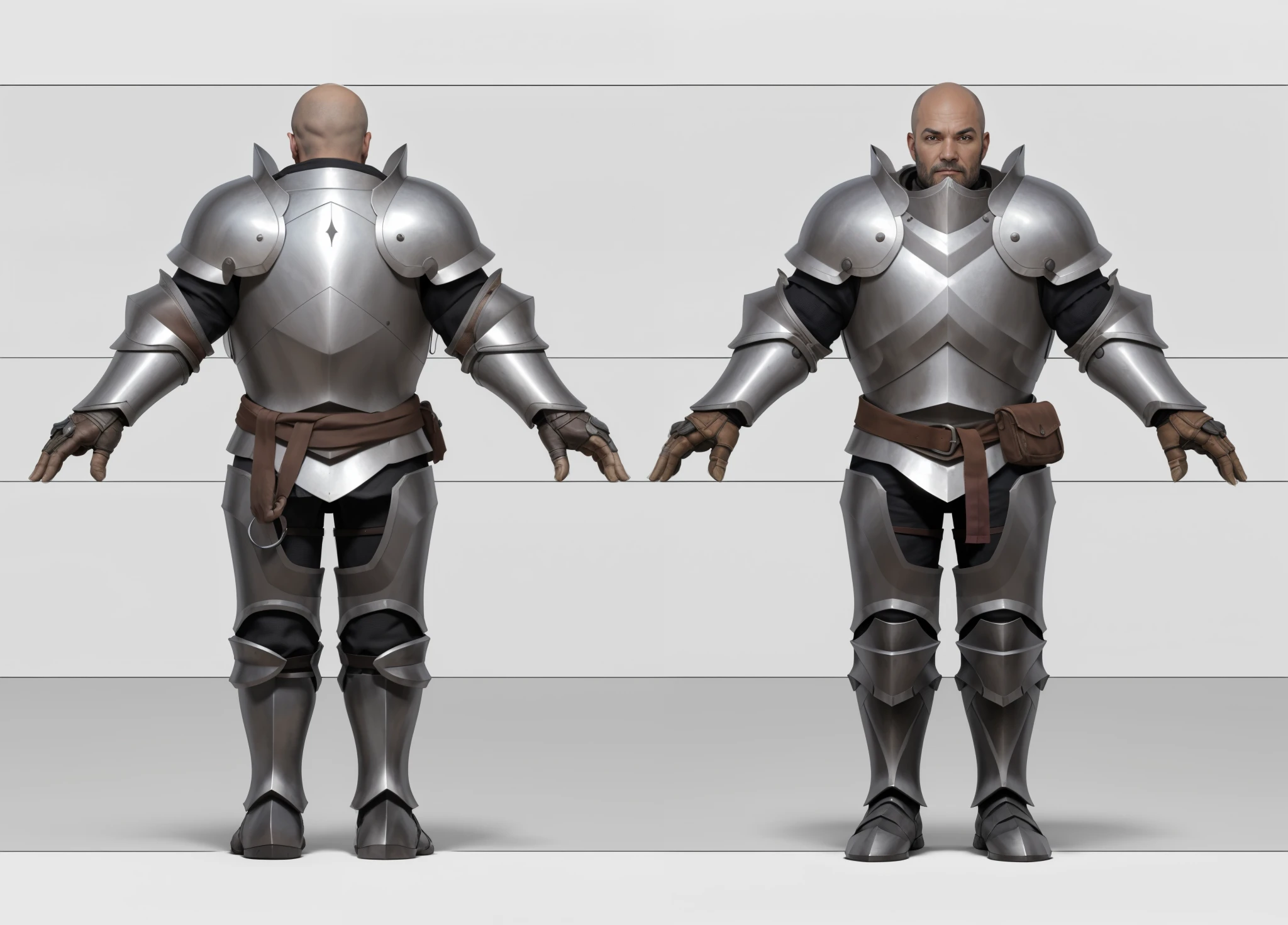 ( Realistic:1.33),(masterpiece:1.1),(highest quality:1.1),(HDR:1) a close up of a paladin with moonlit black armor , full body concept, detailed full body concept, medieval paladin style character, full body character concept,costume concept design, full body details, detailed full body concept art, full character body, character model sheet turnaround, fullbody shot turnaround, concept character sheet, full body concept art, reference model sheet , full body concept art, RPG style character, game character design, 3d character reference sheet, male, video game character concept, detailed character design, character sheet, character model sheet turnaround , front and back, front and back, warrior armor, red cloth inside, medieval sleeve, (steel boot armor), moonlit shoulder black armor, grey clean background, 3D character, ((detailed knee armor)), heavy armor, leather belt with leather bag, (detail silver armor finger), (detail gauntlet) cloth inside