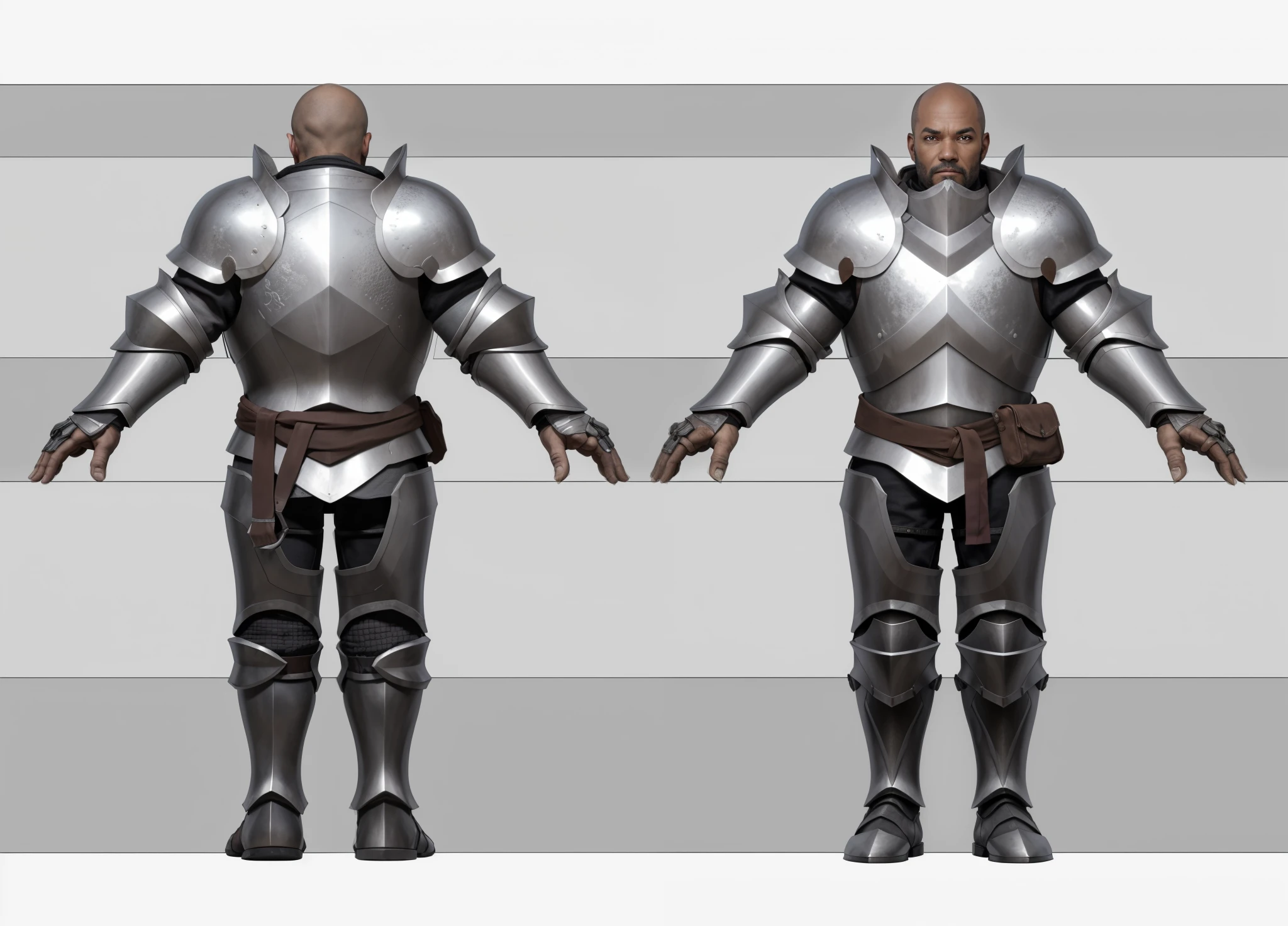 ( Realistic:1.33),(masterpiece:1.1),(highest quality:1.1),(HDR:1) a close up of a paladin with moonlit black armor , full body concept, detailed full body concept, medieval paladin style character, full body character concept,costume concept design, full body details, detailed full body concept art, full character body, character model sheet turnaround, fullbody shot turnaround, concept character sheet, full body concept art, reference model sheet , full body concept art, RPG style character, game character design, 3d character reference sheet, male, video game character concept, detailed character design, character sheet, character model sheet turnaround , front and back, front and back, warrior armor, red cloth inside, medieval sleeve, (steel boot armor), moonlit shoulder black armor, grey clean background, 3D character, ((detailed knee armor)), heavy armor, leather belt with leather bag, (detail silver armor finger), (detail gauntlet) cloth inside