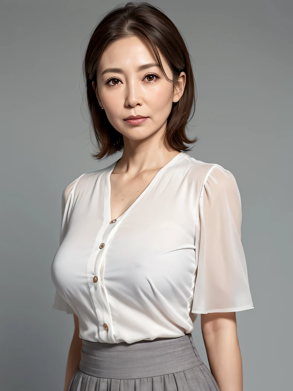 High resolution, High level image quality, high detail, masterpiece, rough skin, anatomically correct, sharp, gray background ((japanese mature, 65 years old)), alone, ((facial wrinkles)), good shape big breasts, Straight light brown hair that reaches to the shoulders, Chubby body type, (((stand upright, facing the center of the screen.))), Staring straight ahead with an open mouth and a tired face, summer blouse, summer skirt,
