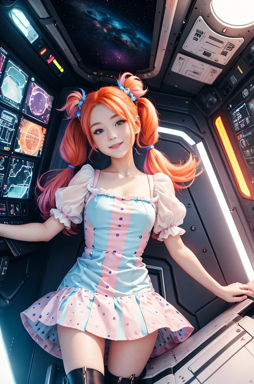 (overhead view) Cute redhead with rainbow colored hair tips, ribbons in her hair, 18-year-old woman, happy, smiling, in twin tails, perfect eyes, clear sparkling blue eyes, pale skin, silky smooth skin, flying a fancy metal luxurious space ship, futuristic cockpit, she's a pilot, outer space seen in windows, dark warm lighting, wearing a futuristic dress, pleated (chemise) mini dress (pastel rainbow colors, and polka dots), puffy sleeves, silk, pantyhose, cute short cut booties, boots.