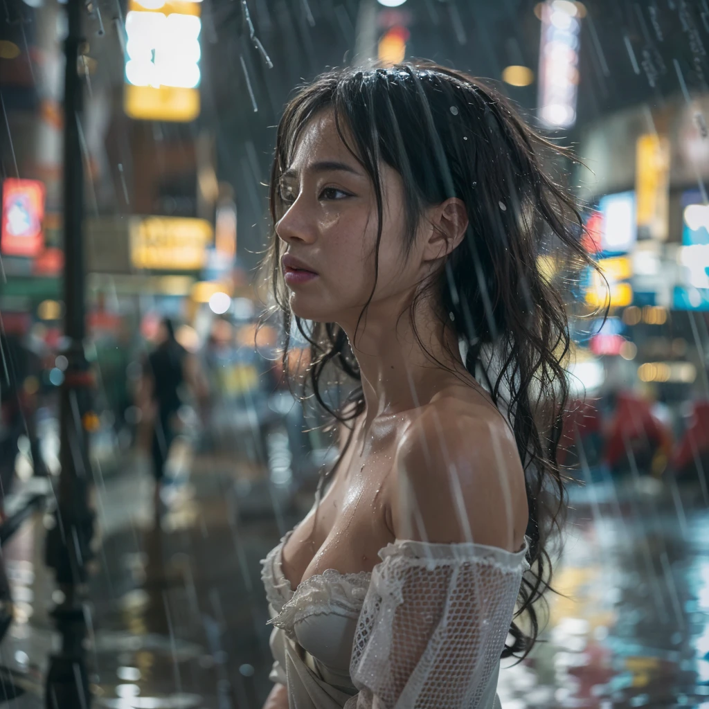 (highest quality、Super detailed、realistic、photorealistic:1.37)、(correct anatomy:1.4)、A young beautiful woman is in front of the camera、18-year-old、Gorgeous lingerie、In front of Times Square in New York at night、 ( It's raining very heavily:1.5)、Create rain with the motion flow effect、My hair is very wet、My whole body is so wet、My underwear is very wet、Wet、erotic、whets the appetite、fine and beautiful eyes、beautiful detailed lips、long eyelashes、curly hair、sensual look、smooth skin、fit the body、sparkling eyes、shining lips、sensual curves、Passionate、provocative、seductive pose、soft lighting、romantic atmosphere、subtle shadow、intense colors、enchantingly illuminated、high contrast、eroticism、 intimate atmosphere、Luscious、desire、joy、erotic beauty、erotic sensations、fluid movement、erotic arousal、Wetness、characteristic shine、Wet skin、flowing movement、(orgasmic release:1.4)、Drip crotch、uncontrollable joy、 Intense feeling、Fascinating momenty pants are wet with body fluids、 A bra that looks like it's about to burst from her ample breasts、 The highest quality、 Eroticism seen through lingerie、