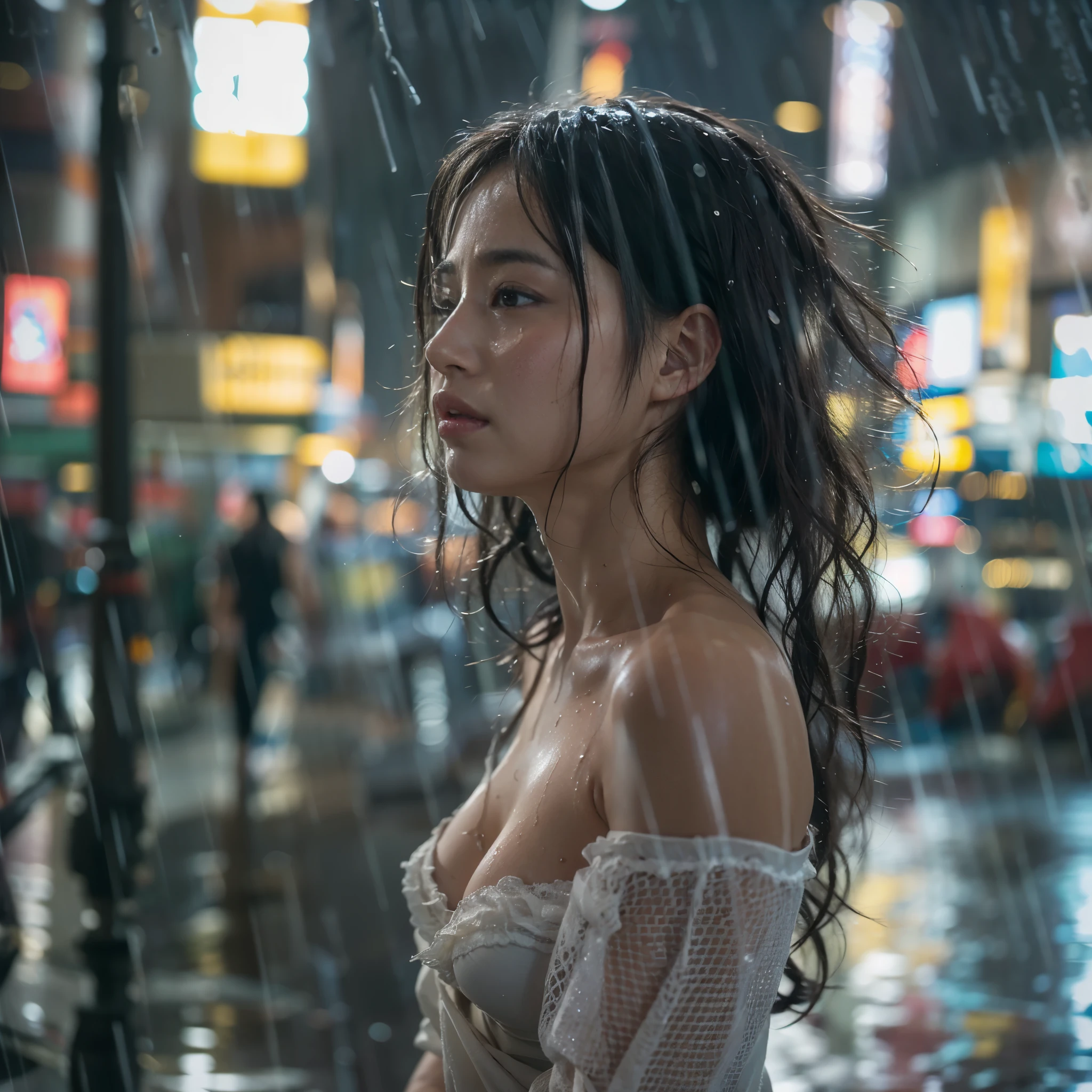 (highest quality、Super detailed、realistic、photorealistic:1.37)、(correct anatomy:1.4)、A young beautiful woman is in front of the camera、18-year-old、Gorgeous lingerie、In front of Times Square in New York at night、 ( It&#39;s raining very heavily:1.5)、Create rain with the motion flow effect、My hair is very wet、My whole body is so wet、My underwear is very wet、Wet、erotic、whets the appetite、fine and beautiful eyes、beautiful detailed lips、long eyelashes、curly hair、sensual look、smooth skin、fit the body、sparkling eyes、shining lips、sensual curves、Passionate、provocative、seductive pose、soft lighting、romantic atmosphere、subtle shadow、intense colors、enchantingly illuminated、high contrast、eroticism、 intimate atmosphere、Luscious、desire、joy、erotic beauty、erotic sensations、fluid movement、erotic arousal、Wetness、characteristic shine、Wet skin、flowing movement、(orgasmic release:1.4)、Drip crotch、uncontrollable joy、 Intense feeling、Fascinating momenty pants are wet with body fluids、 A bra that looks like it&#39;s about to burst from her ample breasts、 The highest quality、 Eroticism seen through lingerie、