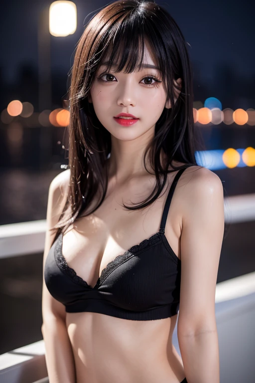 face focus, portrait, shining black eyes, feminine style, one girl, asymmetrical bangs, bangs, black hair, goodid, good, camera&#39;s line of sight, smile, night, city, bob hair, abdomen, red lips, shirt, alone, Are standing, goodid, Upper body, underwear, pink underwear, perfect body line, beautiful kubire, beautiful, naughty face、Wet